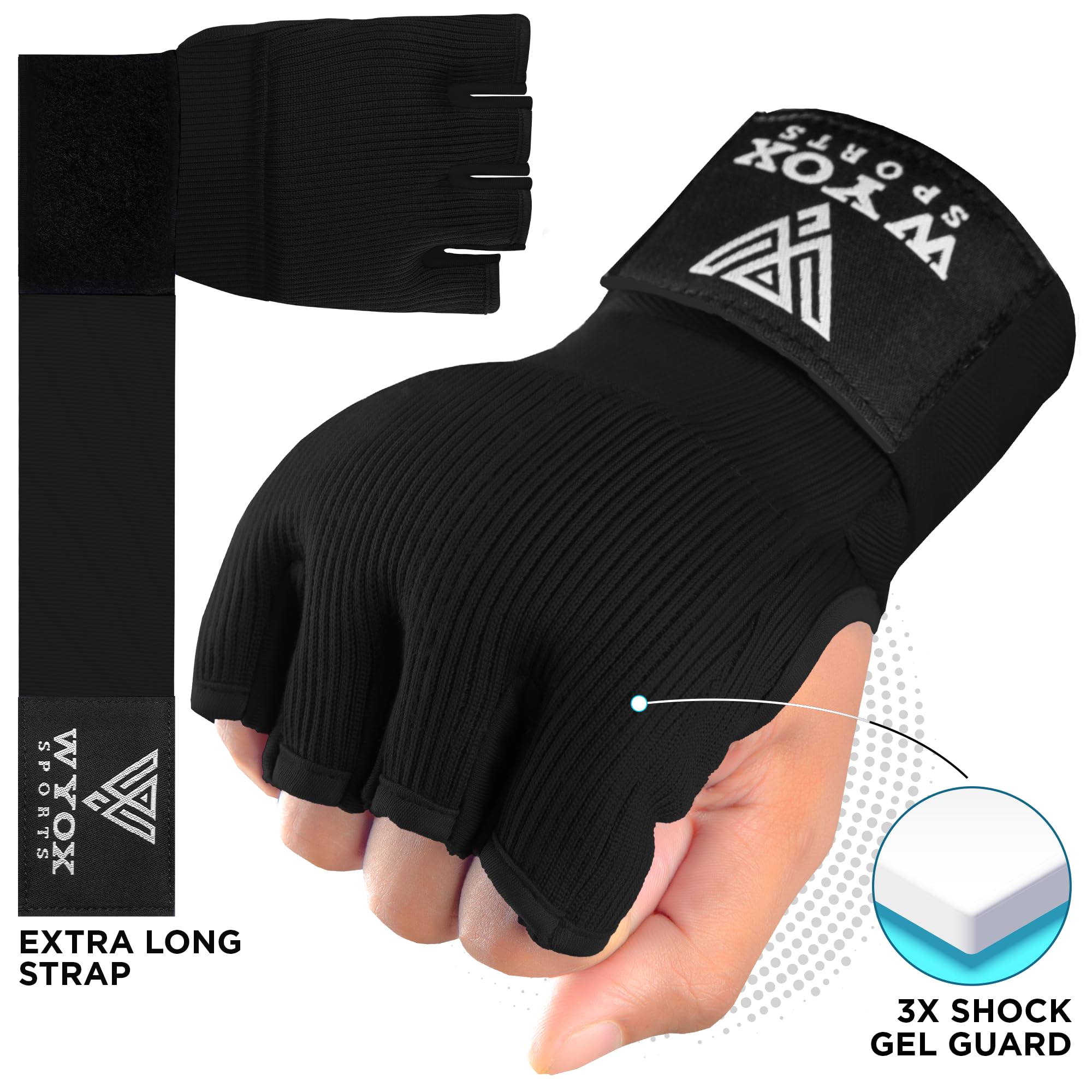 Wyox boxe guanti interni con imbottitura in gel mano Wraps Fist bende MMA Thai Muay training, Black