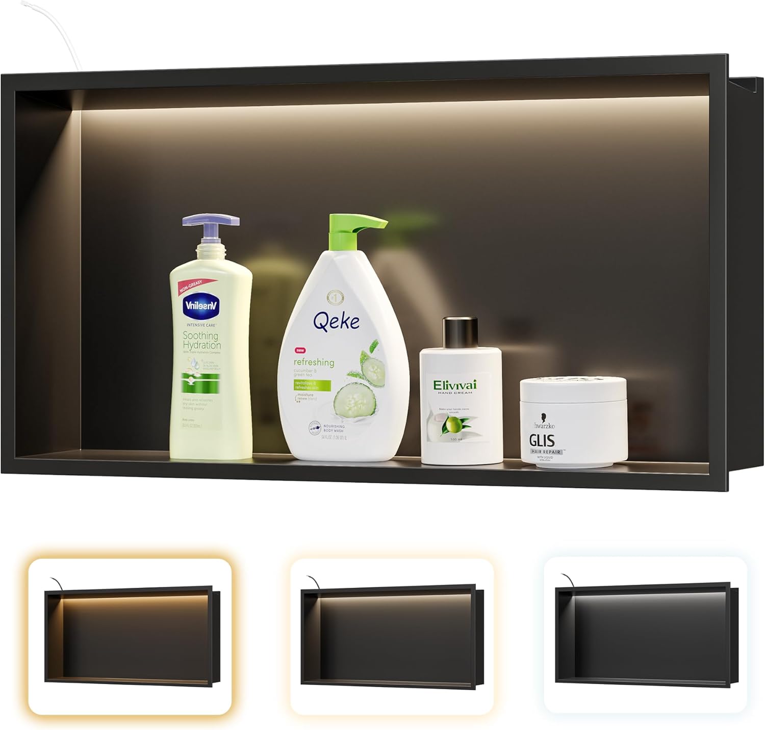 Qeke Stainless Steel Shower Niche 24" X 12", No Tile Needed Wall Niche with 3 Selectable Color Temperatures Led Light, Recessed Shower Shelf for Bathroom Storage Over Mount Installation, Matte Black