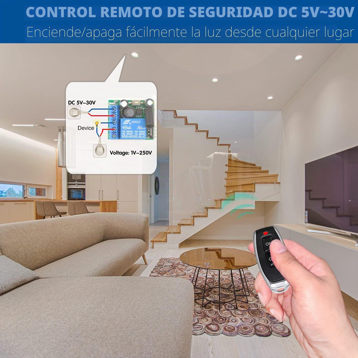 DieseRC Interruptor de Mando a Distancia Inalámbrico 433Mhz 5V 12V 24V Receptor de Relé de Control de Radio de 1 Canal con 4 Transmisores Controlador de Relé de Contactos sin Potencial