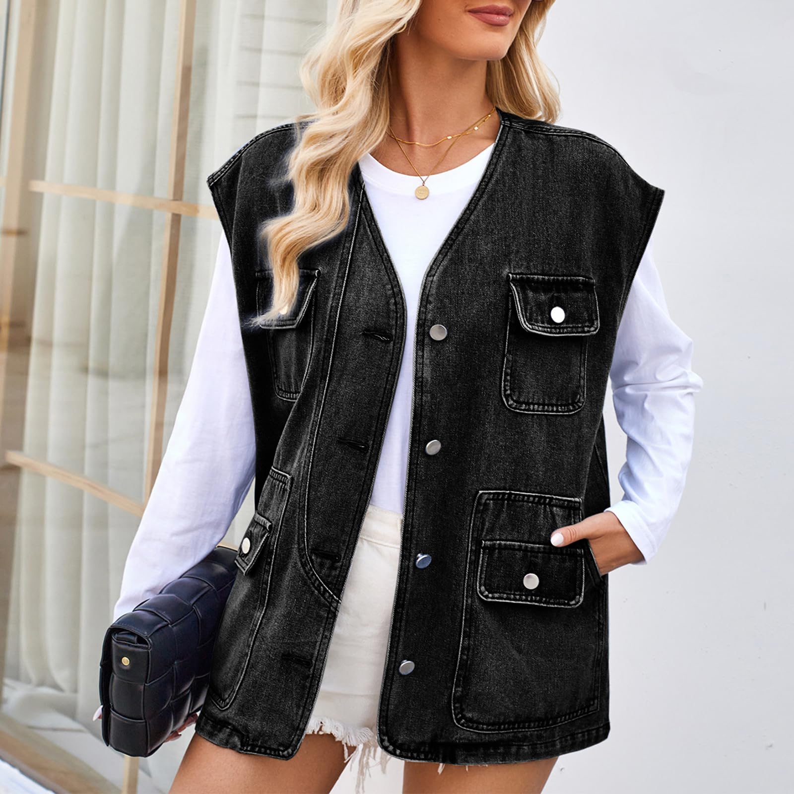 Gilet Di Jeans Casual Da Donna Senza Maniche Con Bottoni E Tasche