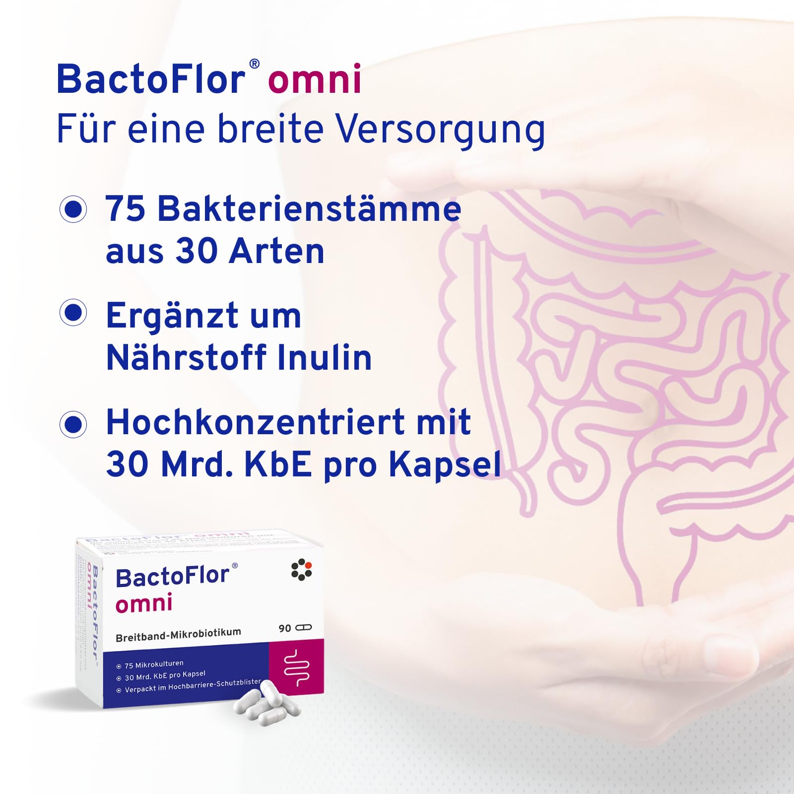 BactoFlor® omni - Probiotika mit 75 Bakterienkulturen hochdosiert (90 Kapseln) - Für den Aufbau des Darms mit den wichtigsten Milchsäurebakterien - 2.700 Mrd. KBE je Packung - laktosefrei + glutenfrei
