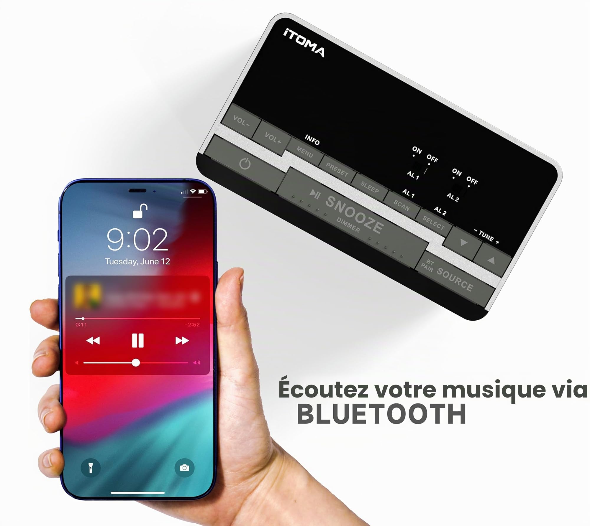 iTOMA Réveil Radio FM et Dab/Dab+ avec Port de Charge USB, Haut - Parleur stéréo Bluetooth, Prise Casque, Double Alarme, Snooze, écran LCD dimmable 3501