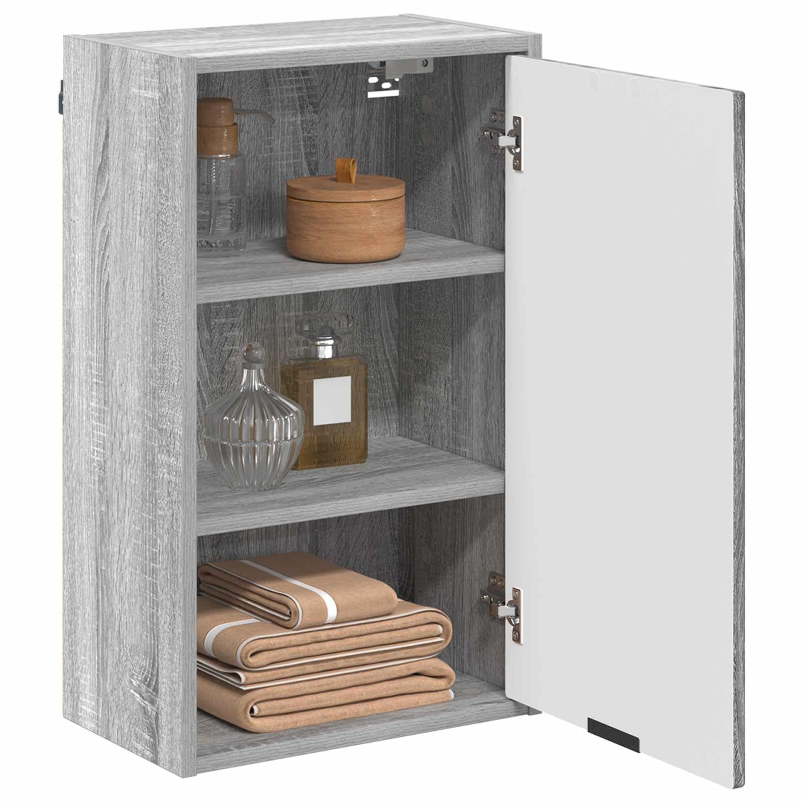 Fengshui Mueble de baño montado en la pared, gris, 39 x 23,5 x 65 cm | Hecho de material de madera, puertas con bisagras, asas de barra negras, ahorra espacio