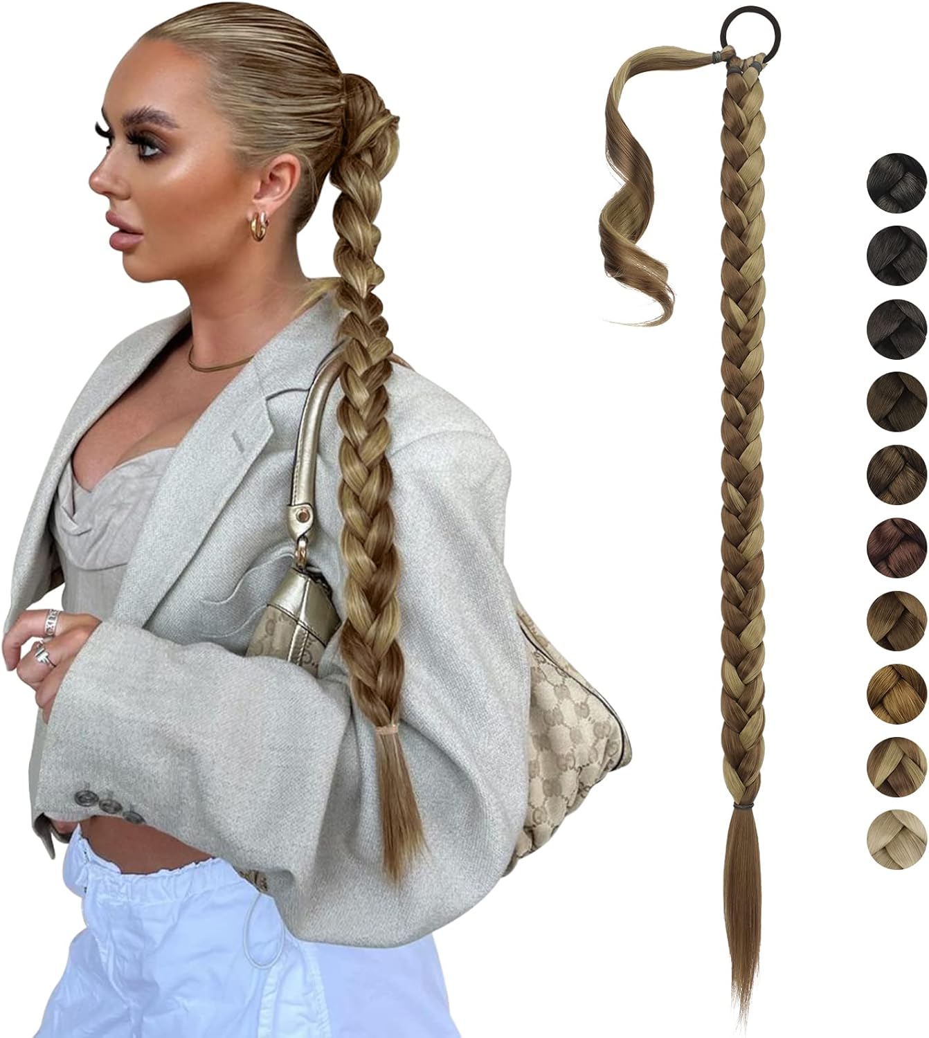 FESHFEN Long Braided Ponytail Extension with Hair Tie, 66cm Straight