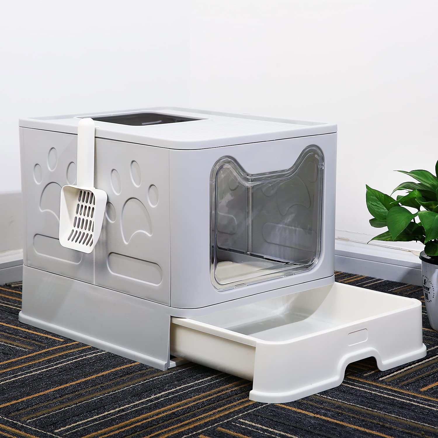Naivees Large Cat Litter Box Foldable Jumbo Top Entry Covered Litter Box with Lid , No Smell Easy to Clean Pet Litter Box with Shovel