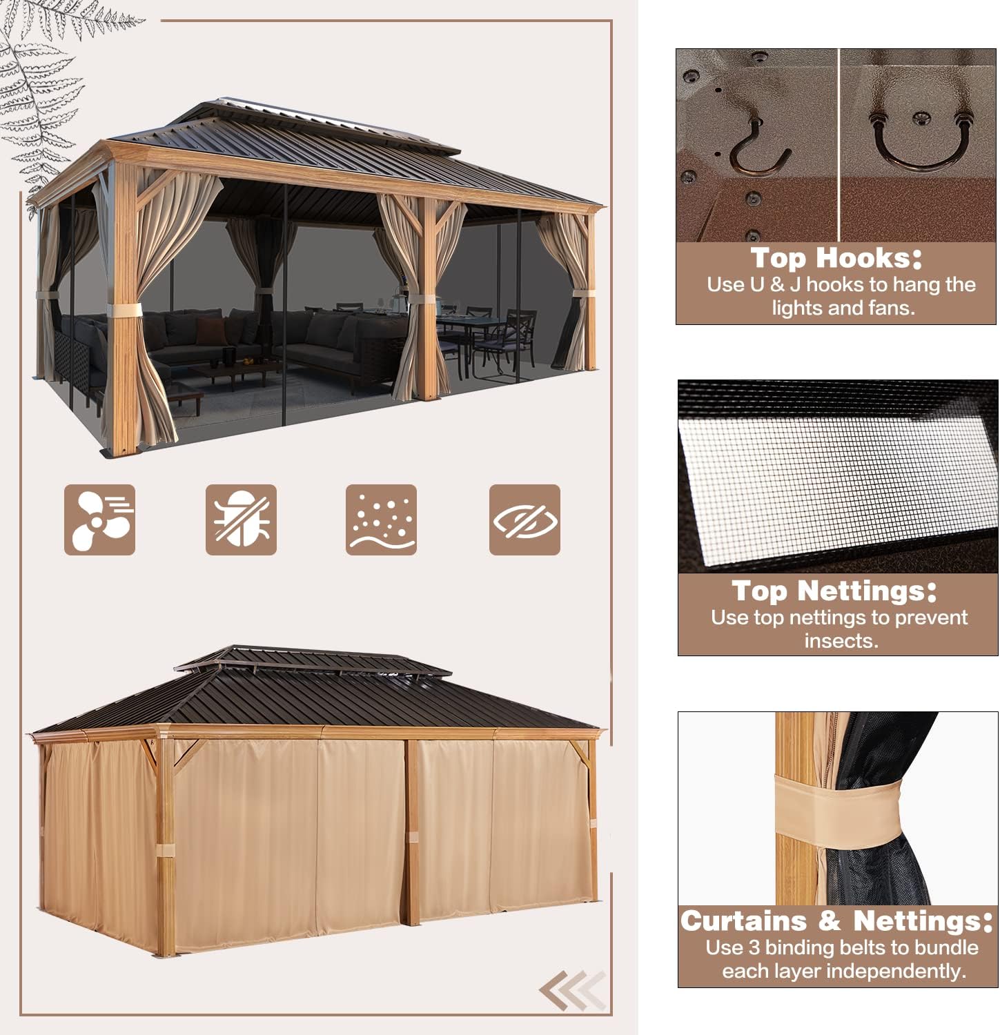 EROMMY 12'x20' Hardtop Gazebo, Wooden Finish Coated Aluminum Frame Pergola with Galvanized Steel Roof, Outdoor Metal Gazebos with Curtains and Nettings for Patio, Backyard, Deck and Lawns