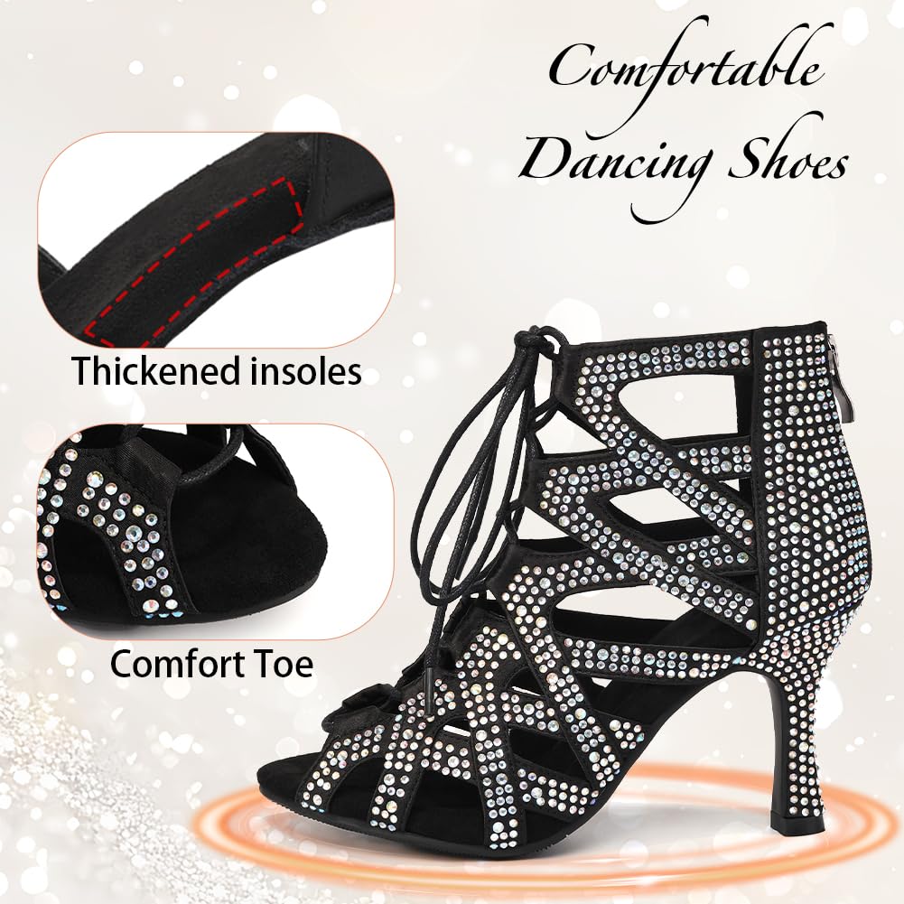 Stivali da Ballo Latino Americano Donna con Punta Aperta Strass con Tacco Scarpe da Ballo Donna