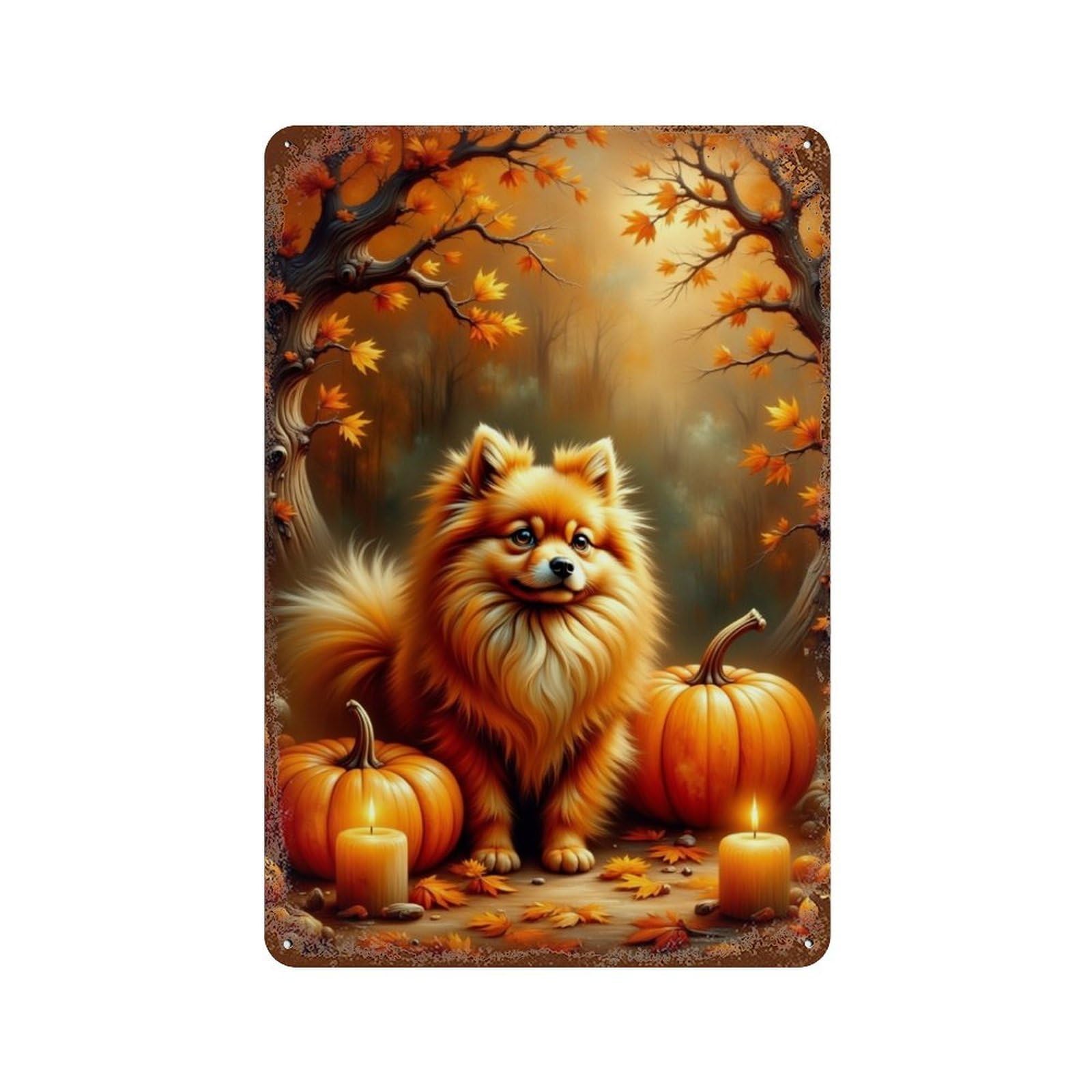 Distressed Metal Wall Sign Autumn Pomeranian Pumpkin Scene 11.8"x7.9", Old School Wall Decor for Bistro, Counter And Cafe Decor