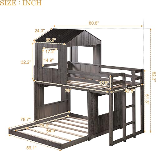 Miniatura 2 de Literas individuales para niños pequeños, literas de madera con ventana de techo, escalera de barandilla, para niñas y niños, no requiere caja de