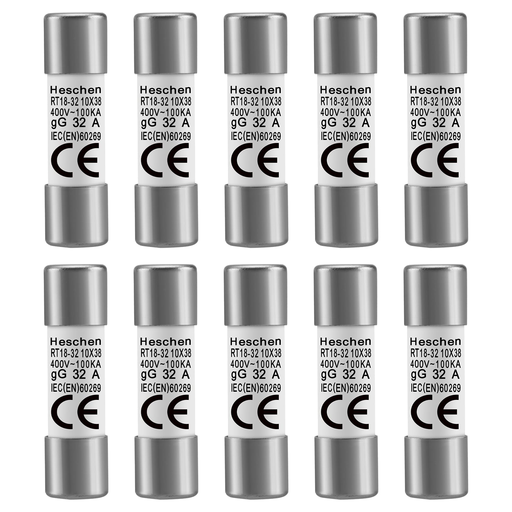 Heschen - Fusible cilíndrico de cerámica, RT18-32 (RO15), 10 x 38 mm, 32A 400V, CE, paquete 10 unidades