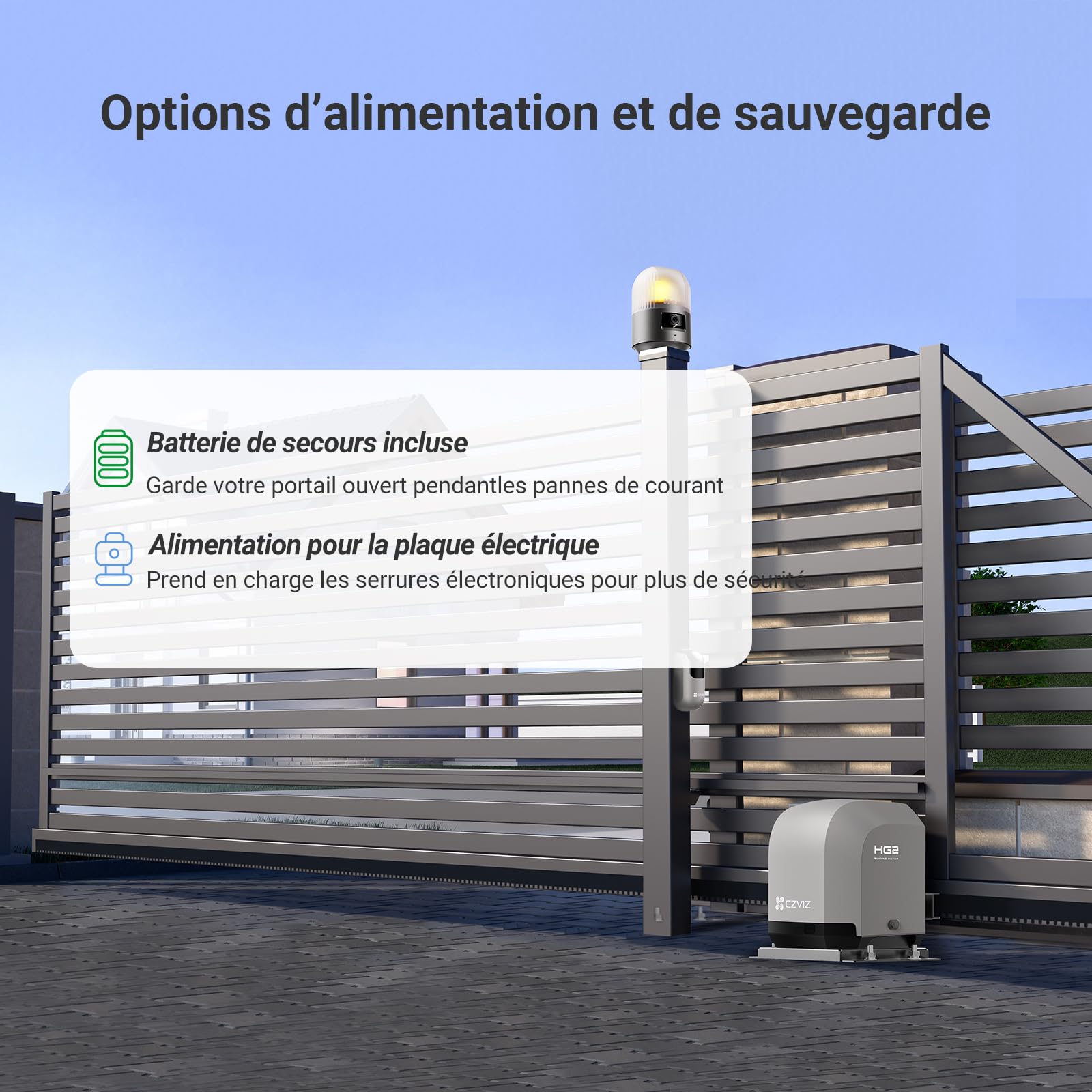 EZVIZ Moteur Portail Coulissant 600 kg,Ouvre Portail Auto HG2 600 Pro | Vantaux Max 8m, Caméra 2K d'Alarme,Détection d'Obstacles,Batterie de Secours,Télécommandes&Contrôle APP, Facile à Installer