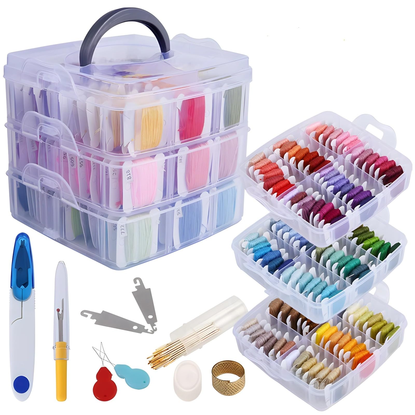 Kit completo de bordado con 150 hilos, herramientas de costura, caja de almacenamiento, agujas, dedal, tijeras y removedor de hilos