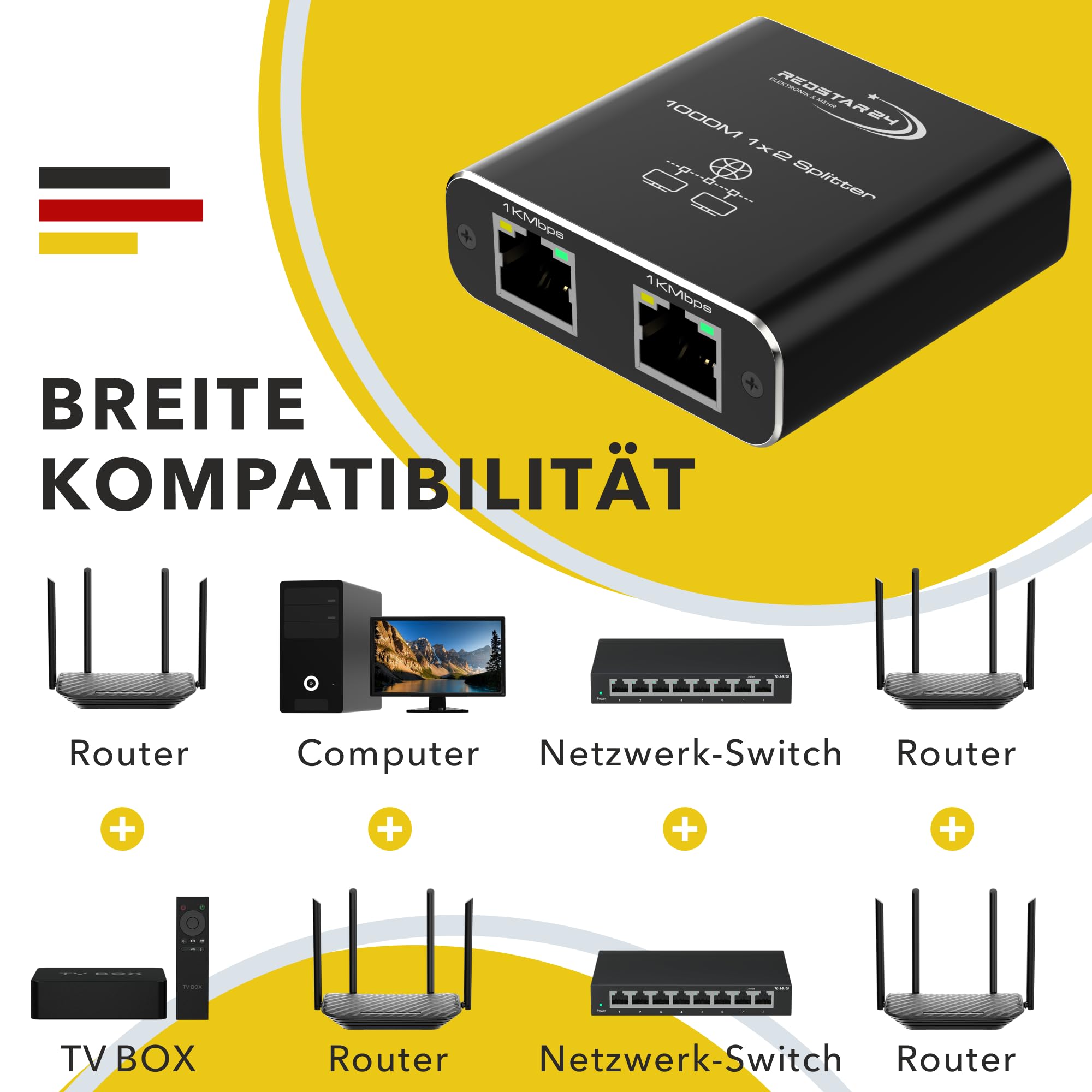RedStar24 Splitter LAN 1 a 2, 1000 Mbps Gigabit Ethernet con cavo di alimentazione di tipo C, splitter di rete plug and play a 2 porte e distributore per computer, router, TV digitale, cavo di rete e