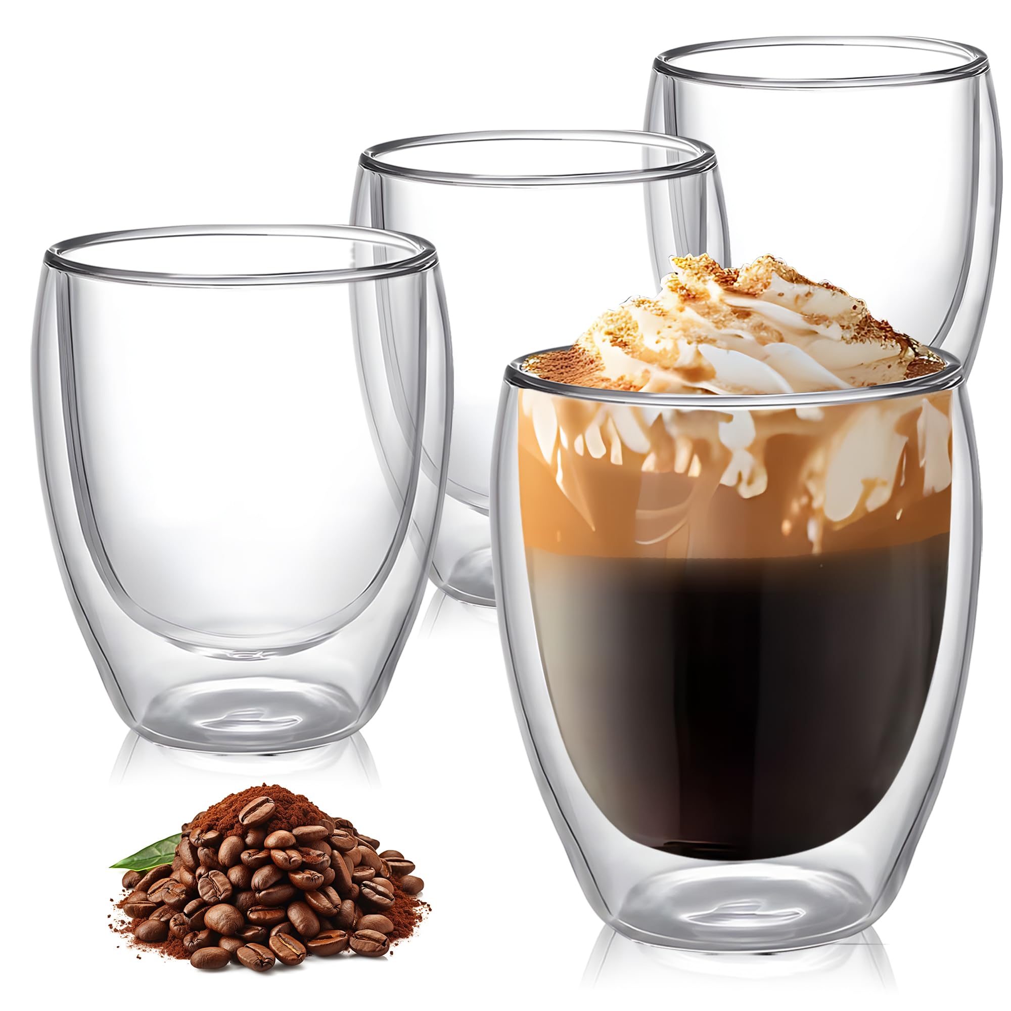 8 Ounces Set of 4 Double Walled Glass Coffee Mugs Insulated Layer Coffee Cups Borosilicate Glass Espresso Double Insulated Clear Glass Coffee Mug for Hot Beverages