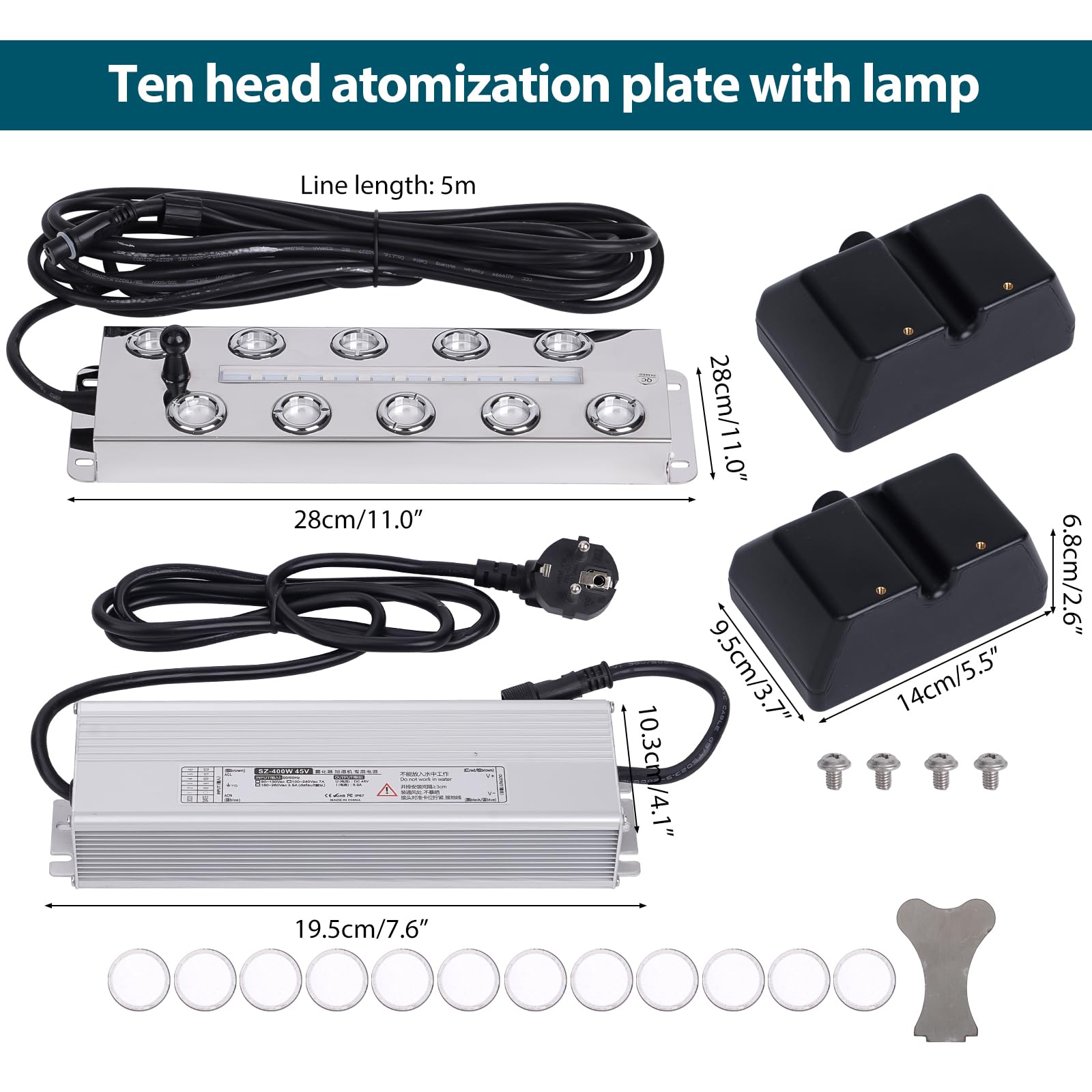 Mgławiarka 10 głowic, ultradźwiękowe urządzenie do wytwarzania mgły, 7 l/h, z oświetleniem LED, 400 W, wodoszczelny zasilacz, ciężkie urządzenie do mgły, nawilżacz powietrza, staw, urządzenie