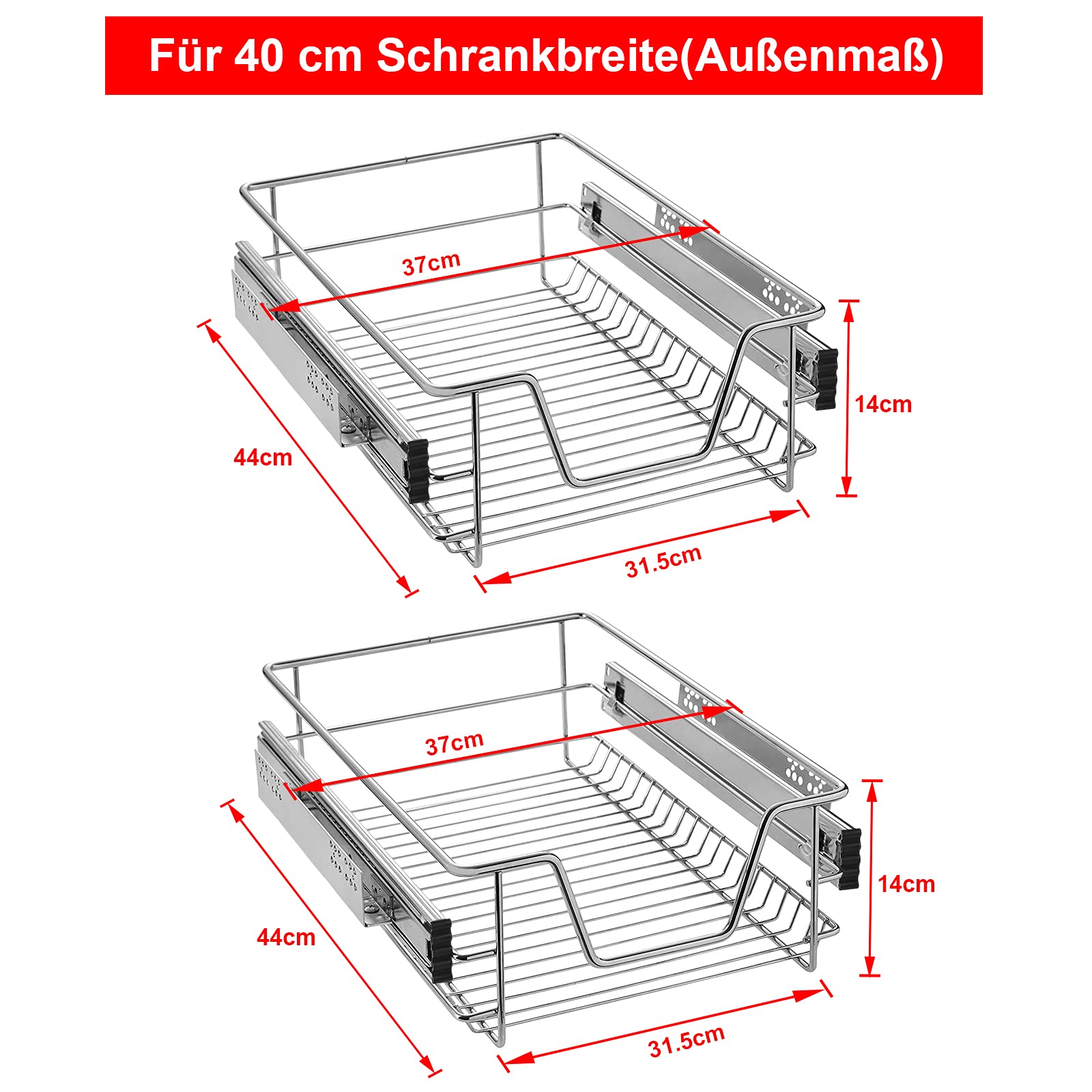 LARS360 Cassetto estraibile a rete da 400 mm, argento, scorrevole telescopico, set di 2 cestini portaoggetti per armadietti e credenze da cucina, base per dispensa, dimensioni: 370x440x140 mm