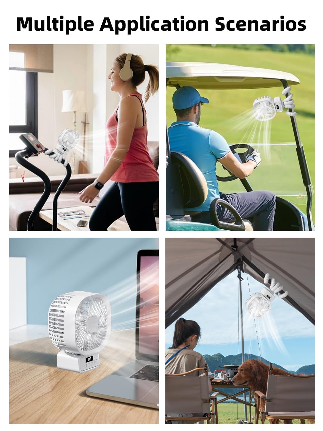 Ventilateur Portable Poussette avec 10000mAh, 3 Vitesses Ventilateur Rechargeable à Rotation 270°, Ventilateur USB Silencieux avec Support Amovible et LED Convient aux Poussette, Lit bébé, Blanc
