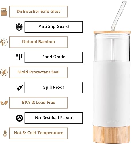 Miniatura 3 de Vaso de vidrio prémium de 20 onzas con popote y tapa de bambú y base con funda protectora de silicona, sin BPA, botella de agua Growler