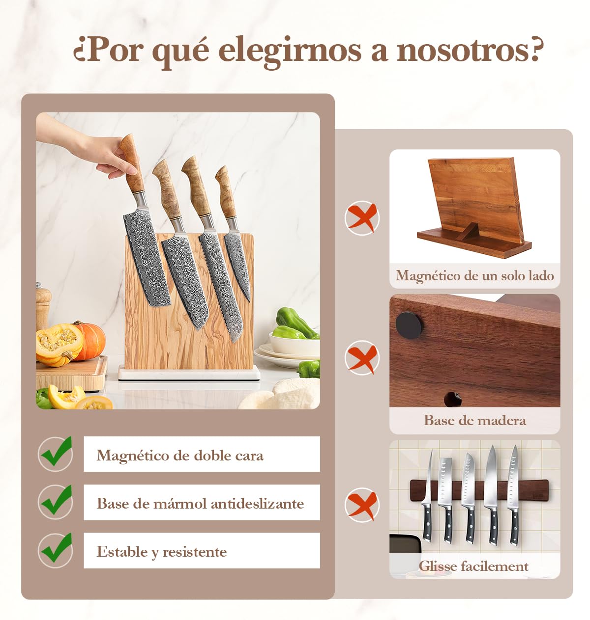 HEZHEN Soporte para Cuchillos Magnético Doble Cara, Bloque de Cuchillos de Madera de Olivo, Portacuchillos Organizador con Base Antideslizante de Mármol