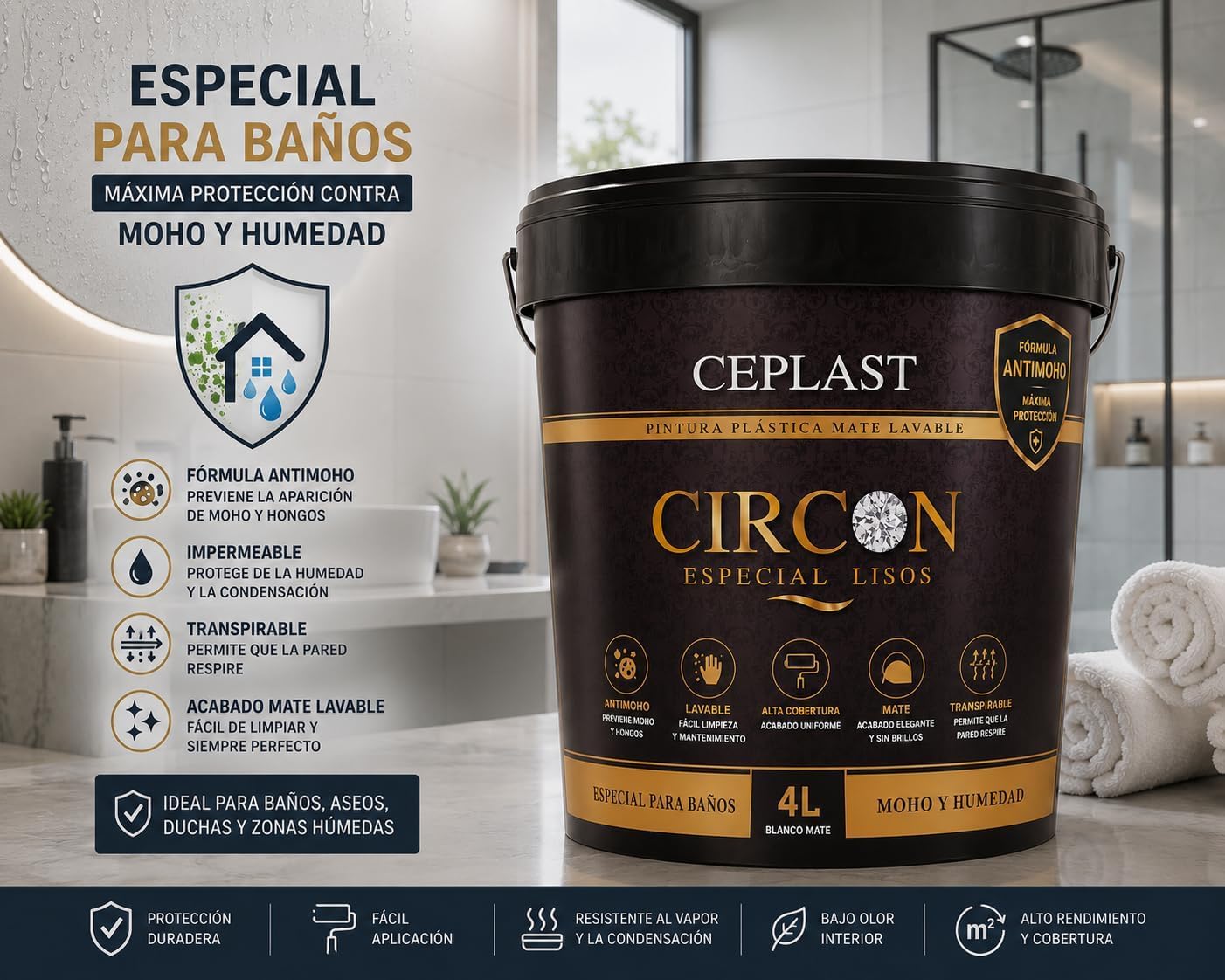 Kit Pintura Antimoho y Antihumedad Interior/Exterior Acabado Seda – Alta Cobertura, Sin Olor, Base Agua – Incluye Rodillo, Cubeta, Paletina 40mm, Cinta y Papel Kraft – Pintura Blanca Profesional
