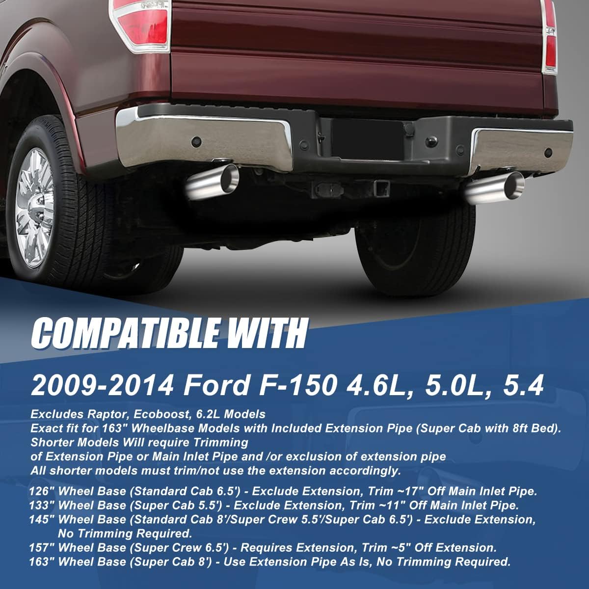 Auto Dynasty 4 inches Catback Exhaust System Compatible with 2009-2014 Ford F-150 4.6L 5.0L 5.4L, Round Muffler Rolled Tip, Stainless Steel, Black/Metallic