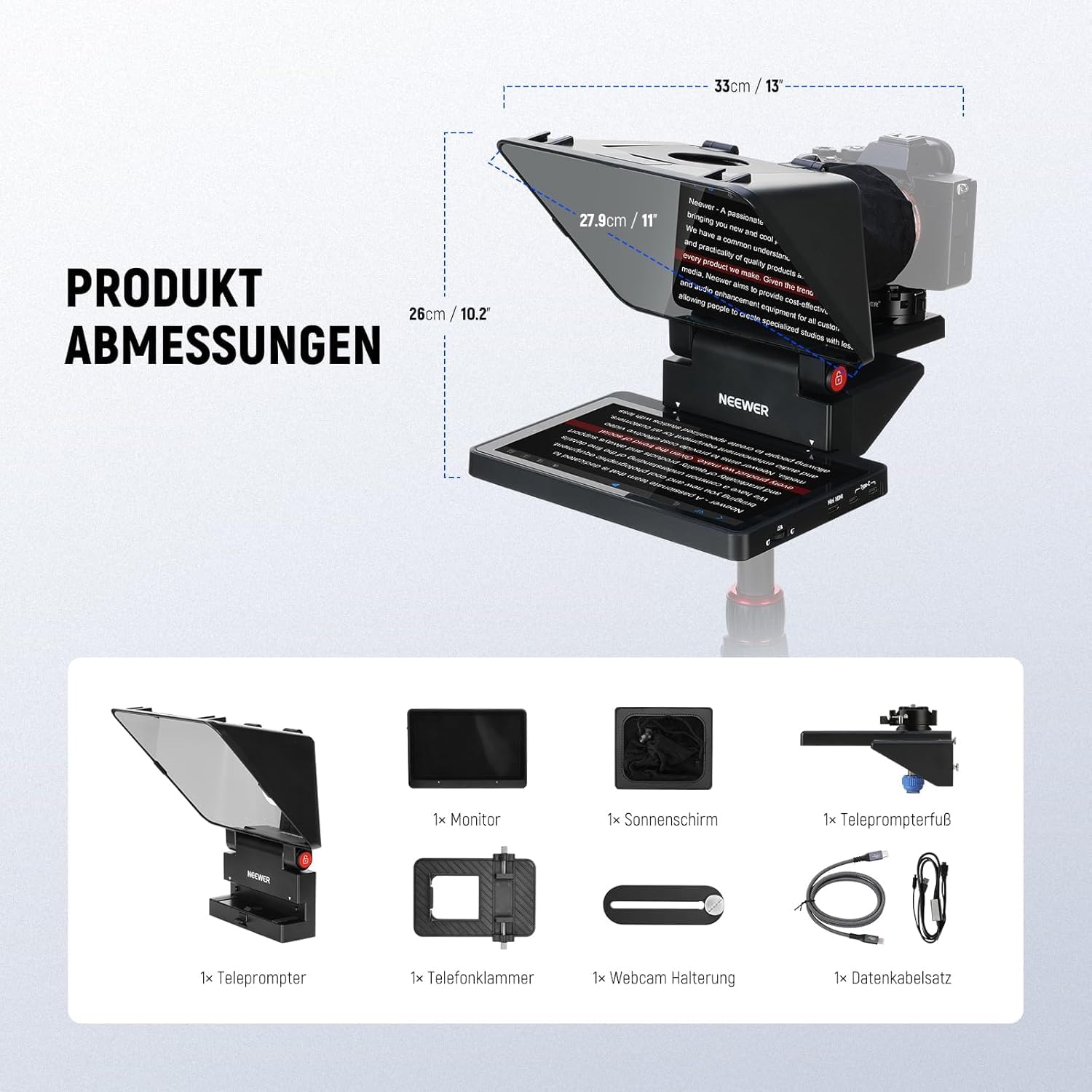 NEEWER 2 in 1 Teleprompter 11 Zoll mit Monitor für Windows MacOS, Unterstützt Bildschirmspiegelung, Tragbarer Prompter für Kamera Mobiltelefon Webcam für YouTube Twitch Live Streaming Konferenzen, X11