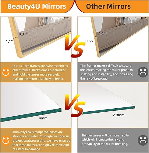Miniatura 5 de Beauty4U Espejo grande de longitud completa de 71 x 32 pulgadas con soporte, espejo dorado de cuerpo completo, marco de metal, espejo templado de