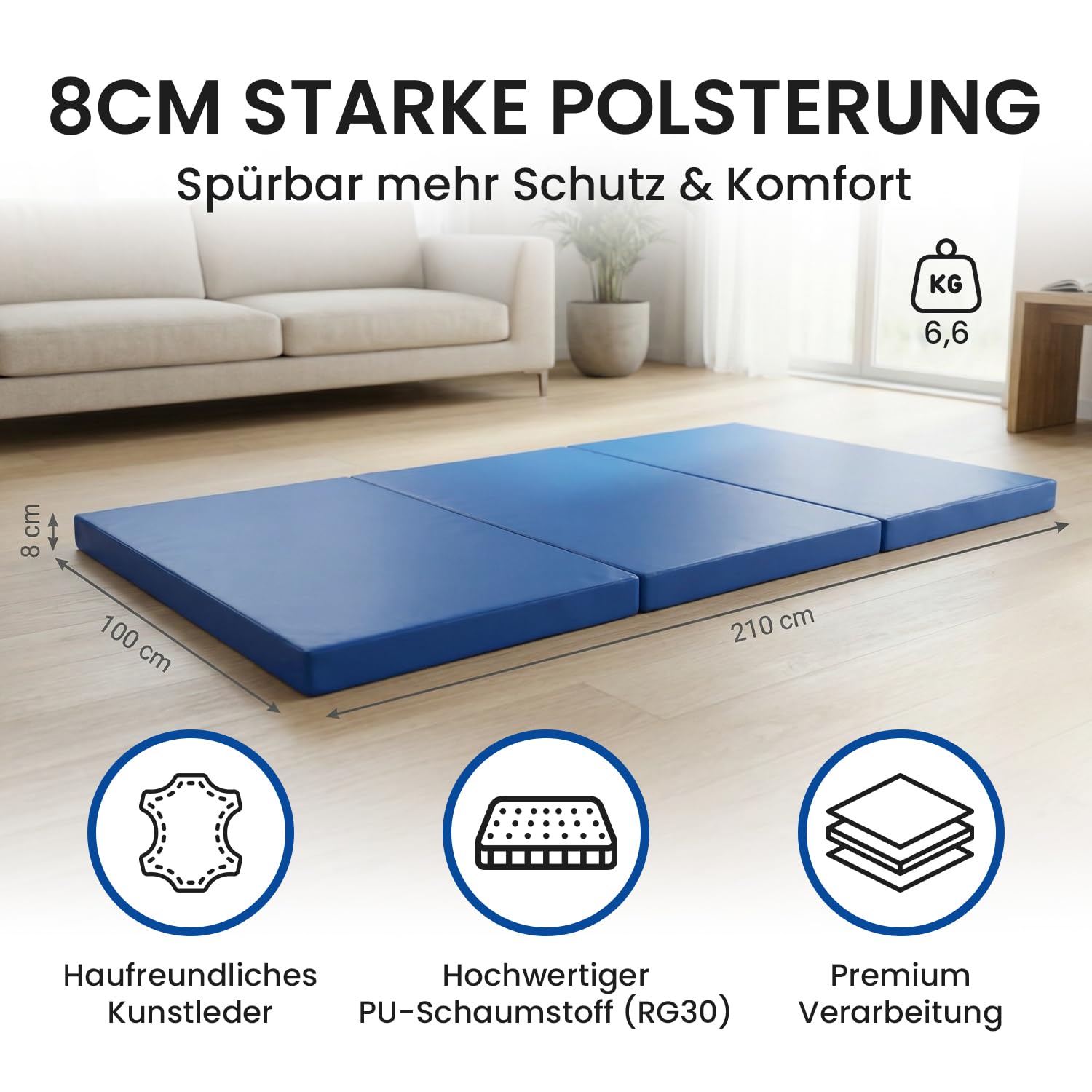 Jeflex - klappbare Weichbodenmatte & Turnmatte 210 x 100 x 8 cm MADE IN GERMANY/Gymnastikmatte tragbar/platzsparende Fitnessmatte & Yogamatte/Spielmatte für Kinderzimmer