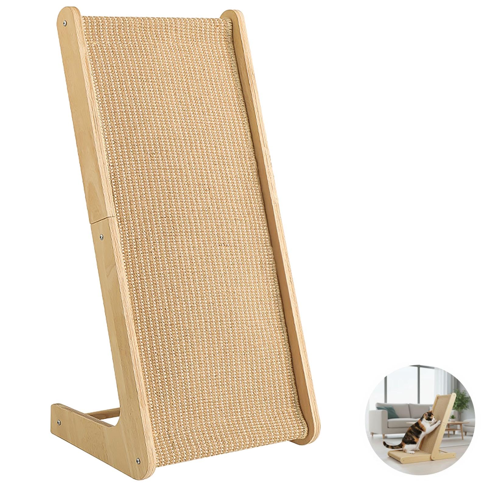 Tabla rascadora para gatos en forma de L con marco de madera maciza, almohadilla de sisal de 28.2 pulgadas, uso acostado o de pie, protección de muebles, poste rascador grande para gatos para estirar