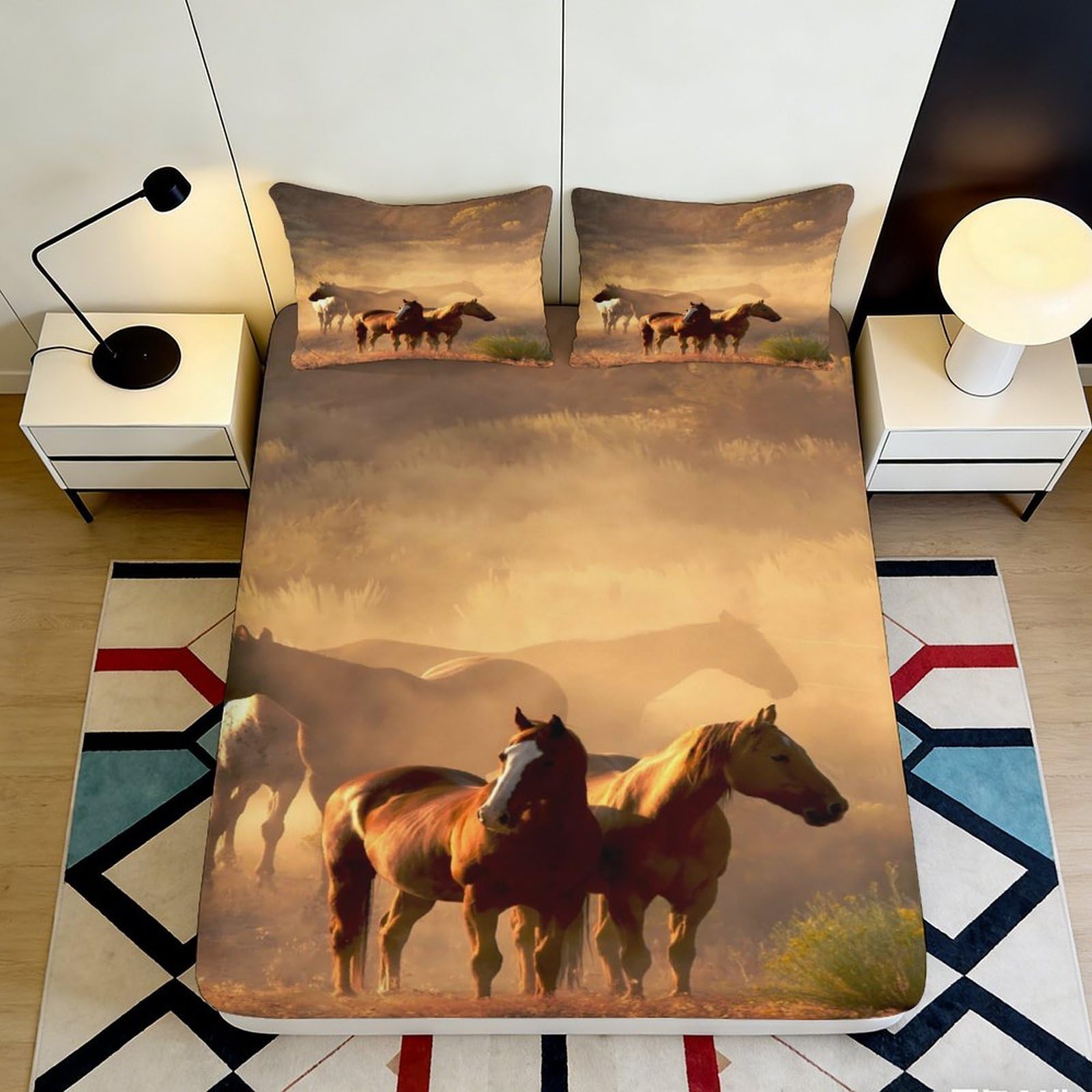3D Printed Wild Horse Sunset Fitted Sheet Microfiber Soft Anti-Slip Prairie Herd Mattress Cover Bedroom Decor 120x200x25cm