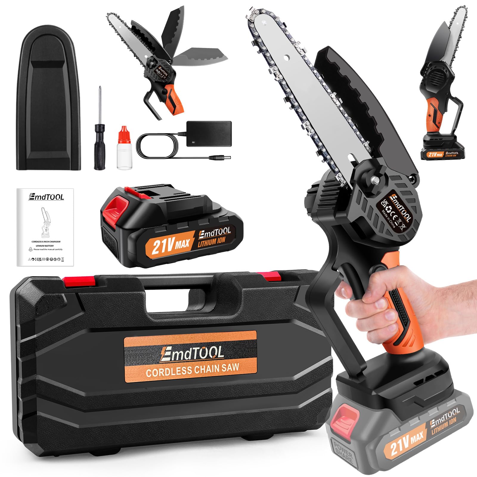 6 Inch Mini Chainsaw Cordless, Portable Lightweight Battery-Powered Small Chain Saw, Electric Hand Chainsaw with Battery and Charger, Garden Pruning Saw for Tree Trimming, Garden, Wood Cutting,Orange