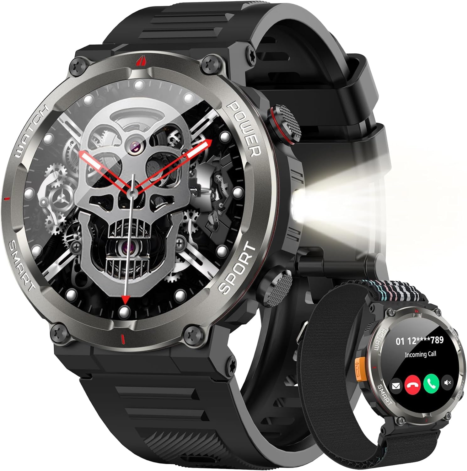 Reloj Inteligente Hombre Militar con Linterna LED y Brújula, Smartwatch Hombre 1.45" Llamadas Bluetooth, 960mAh,123 Modos Deporte, Monitor Cardíaco 24h,SpO2, Sueño, IP68, 2 Correas (iOS/Android)