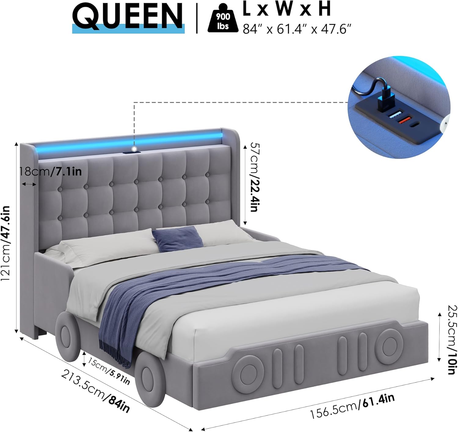 Keyluv Queen Car Bed Frame with LED Lights and Charging Station, Upholstered Platform Bed with Button Tufted Headboard and Wheels, No Box Spring Needed, Noise-Free, Easy Assembly, Velvet Grey