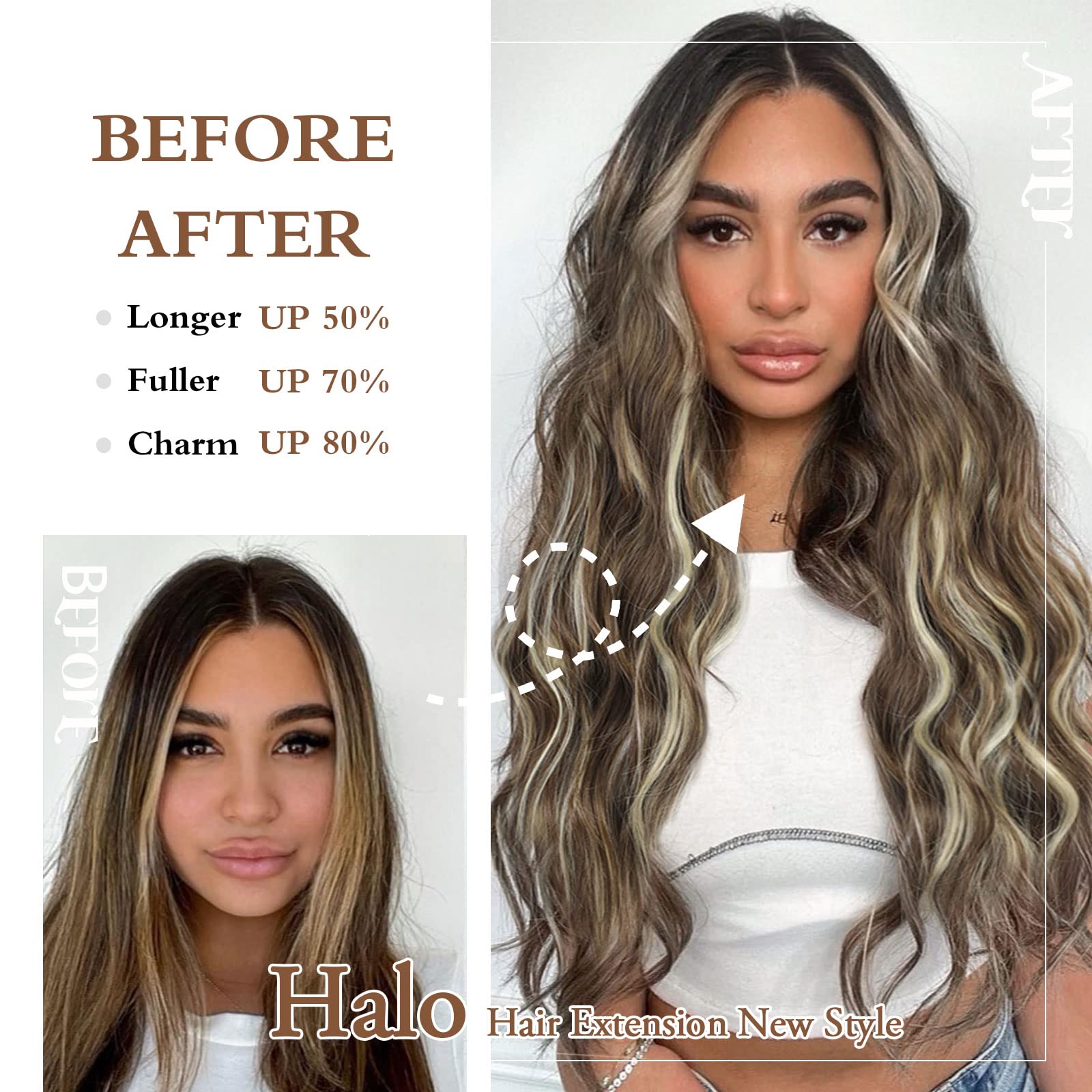 BUPPLER Halo Hair Extensions 20 Inch Invisible Wire Hair Extensions Adjustable Long Wavy Hairpiece Synthetic Upgrade 4 Secure Clips in Hairpieces 20 Inch,Medium Brown Mix Dark Blonde - Image 3