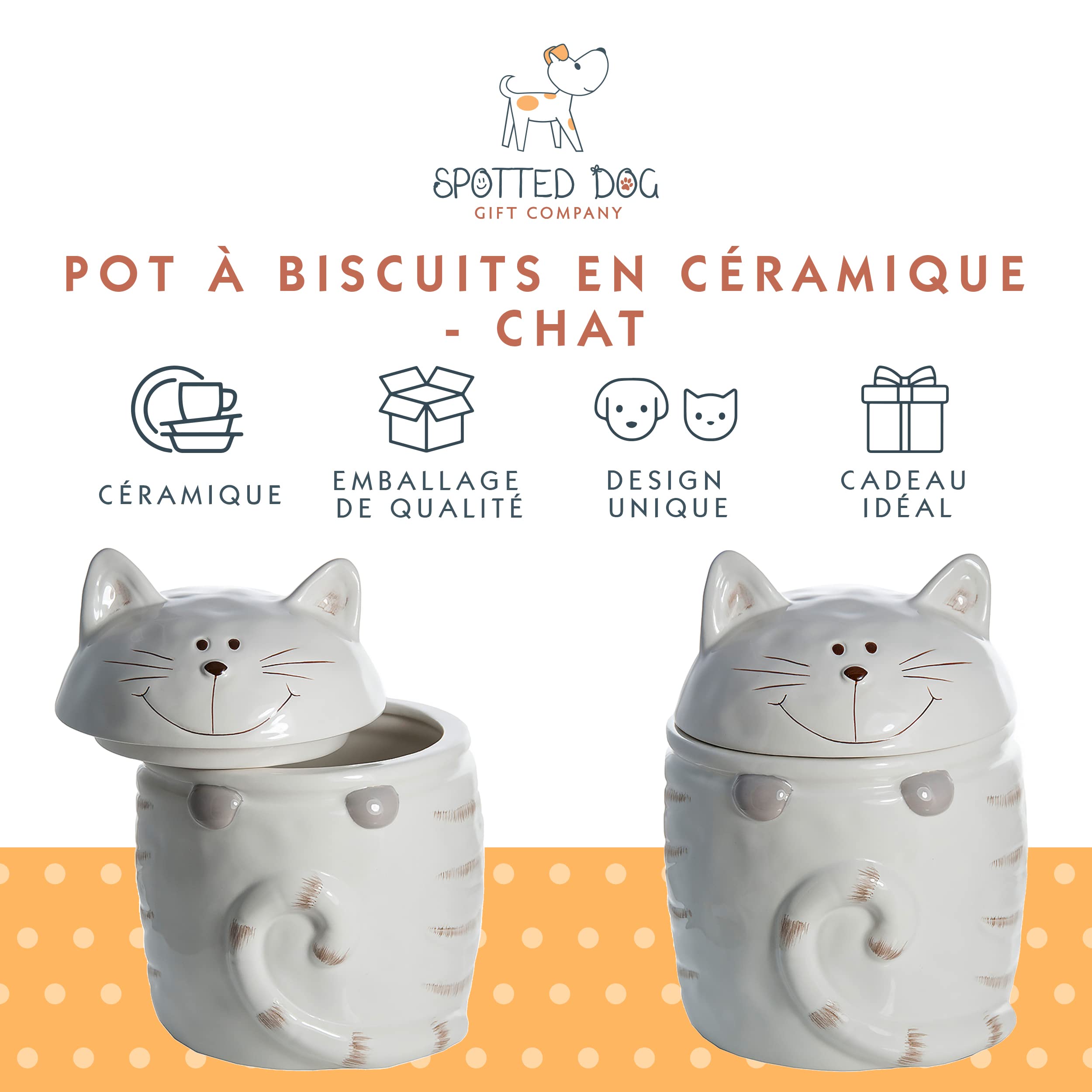SPOTTED DOG GIFT COMPANY Boîte à Biscuit en Céramique, Grand Bocal de Conservation pour Cookies Bonbons ou Chat Friandises, Mignon Cuisine Article, Cadeau pour Chats Amoureux, Blanc 1400ml