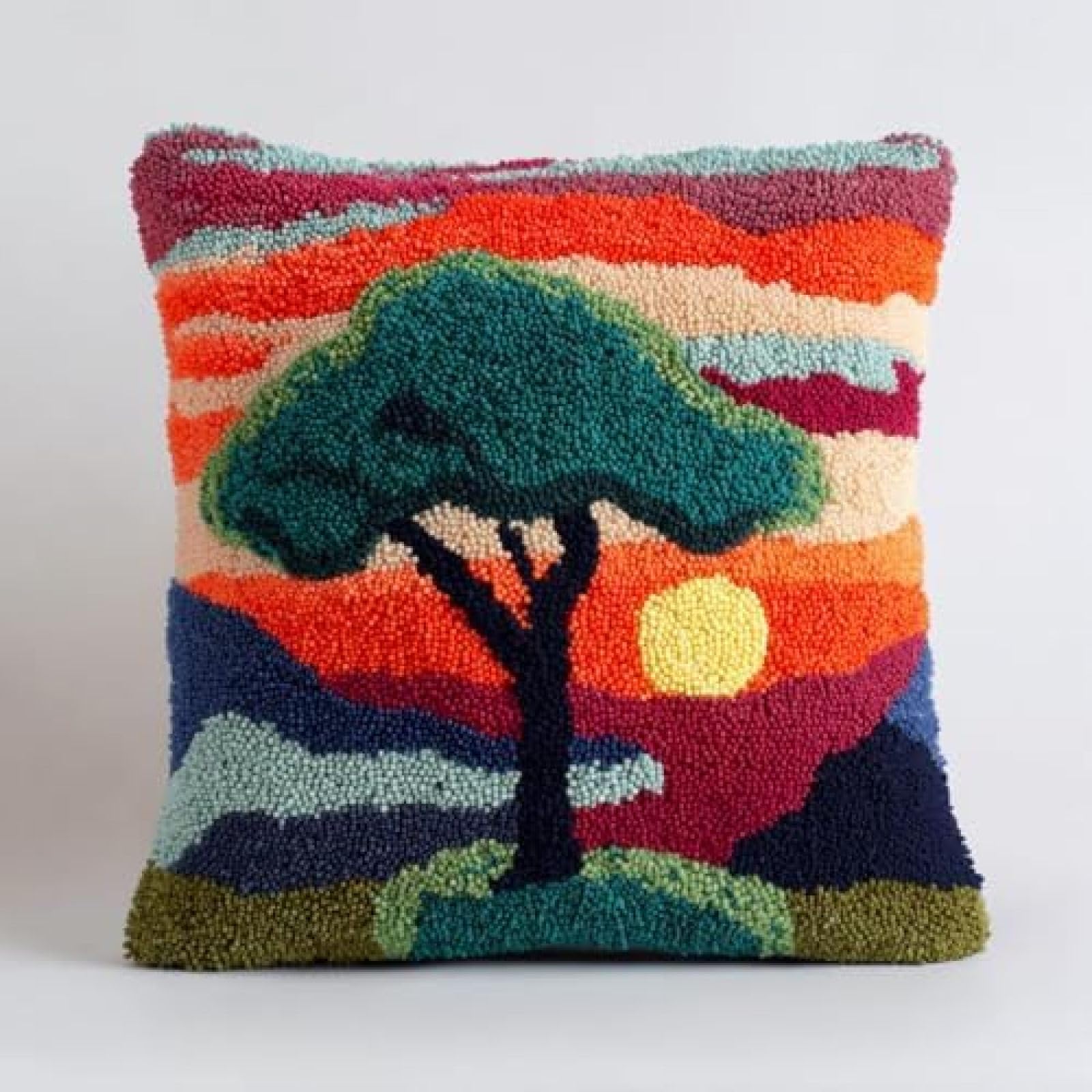 kitphoenix DIY Latch Hook Cushion Kit Olive Tree and Sunset,Beginner-Friendly Rug Hooking Pillow Kit,Crochet Craft Cushion Cover for Home Decor,43x43 cm-4
