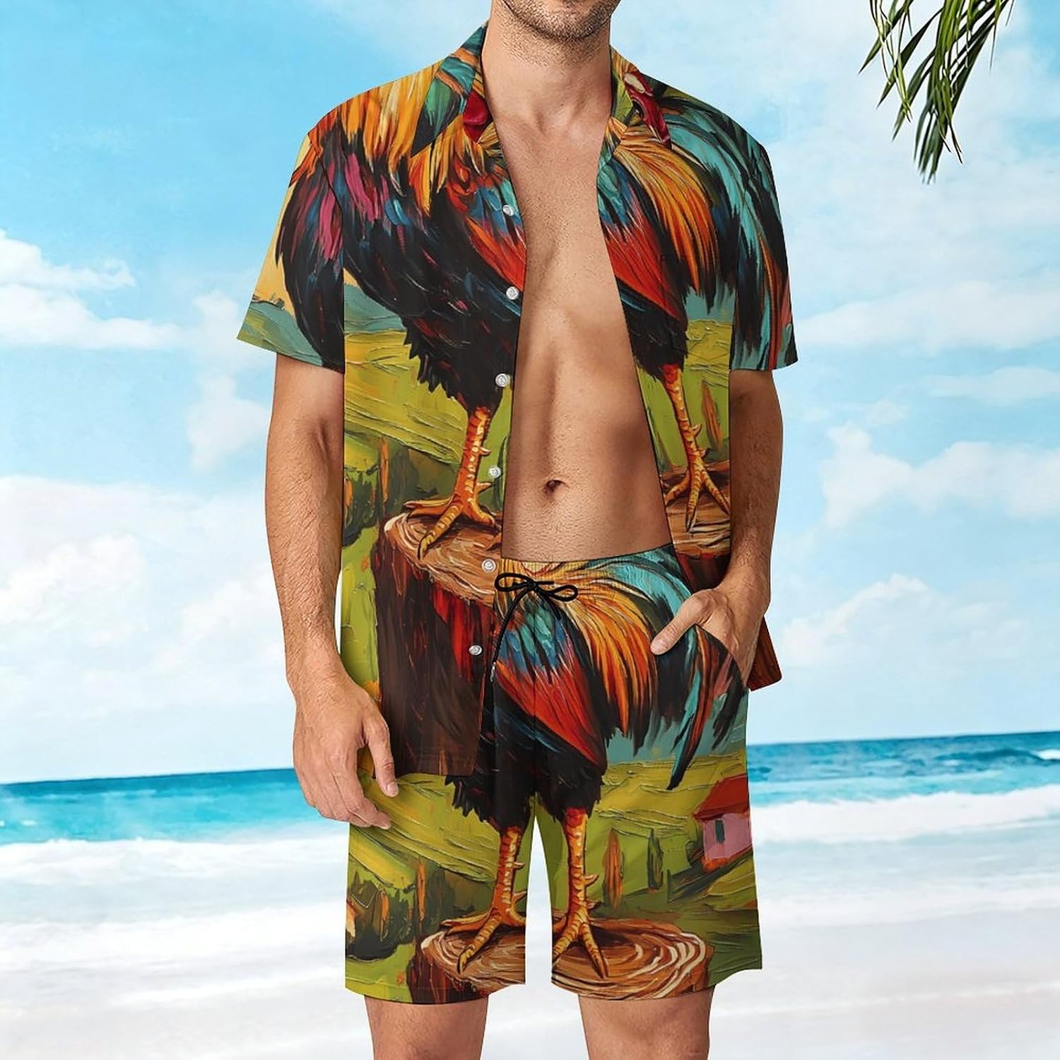 Rooster Standing on A Tree Stump Men's Summer Beach 2 Piece Outfits | hawaiian button down shirt and shorts,vacation cruise,mens bathing suit