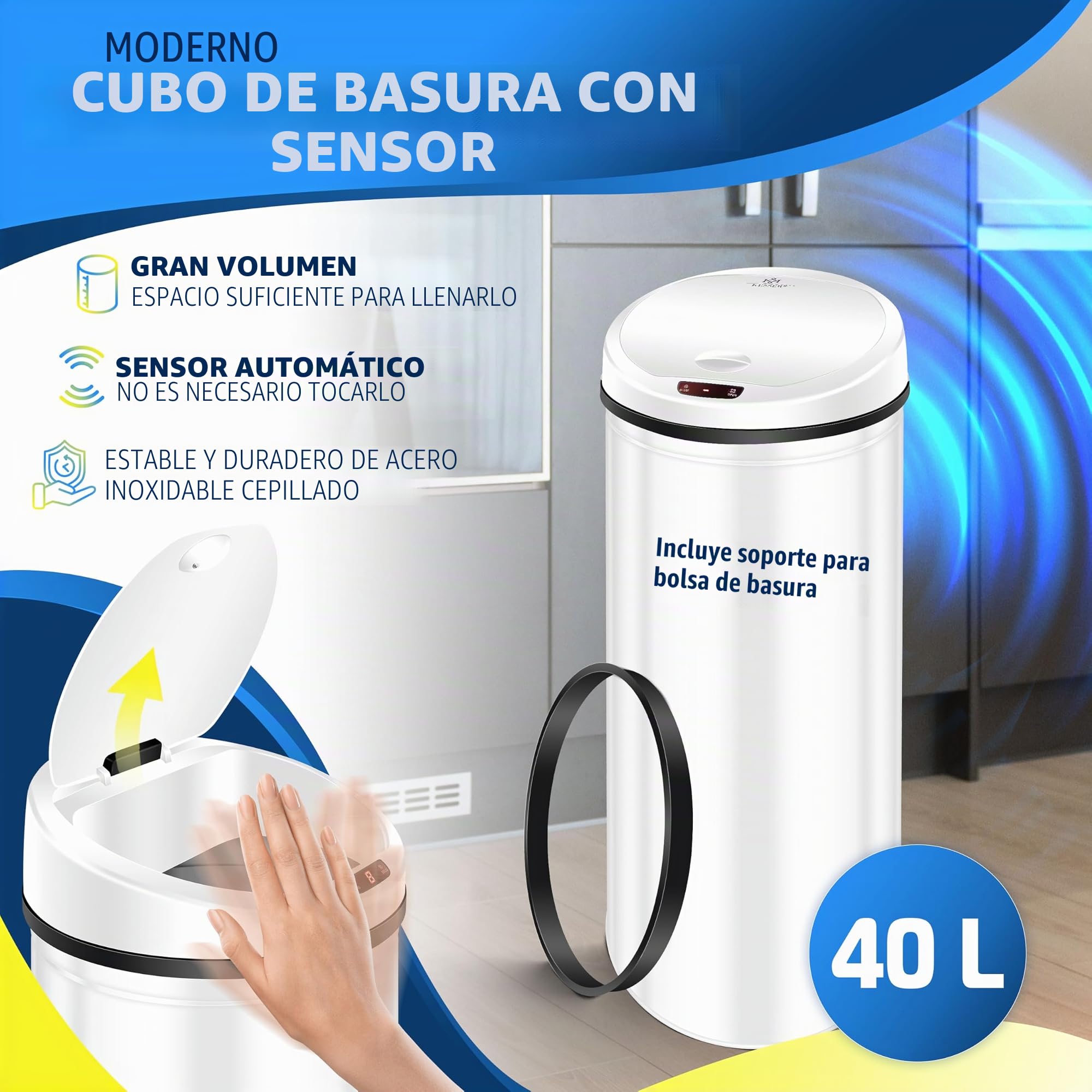 KESSER Cubo de basura automático con sensor de 40 litros – Cubo de basura eléctrico de acero inoxidable, apertura sin contacto, bajo nivel de ruido para cocina, baño, oficina, color blanco con soporte