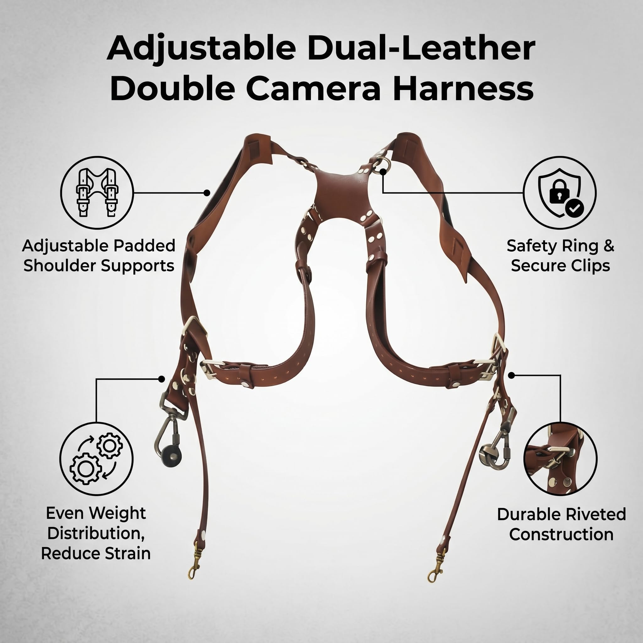 Ausla Cinghia Doppia Spalla in Pelle per Fotocamera, Regolabile con Attacco Treppiede da 1/4", Protezione Anticaduta per DSLR Mirrorless