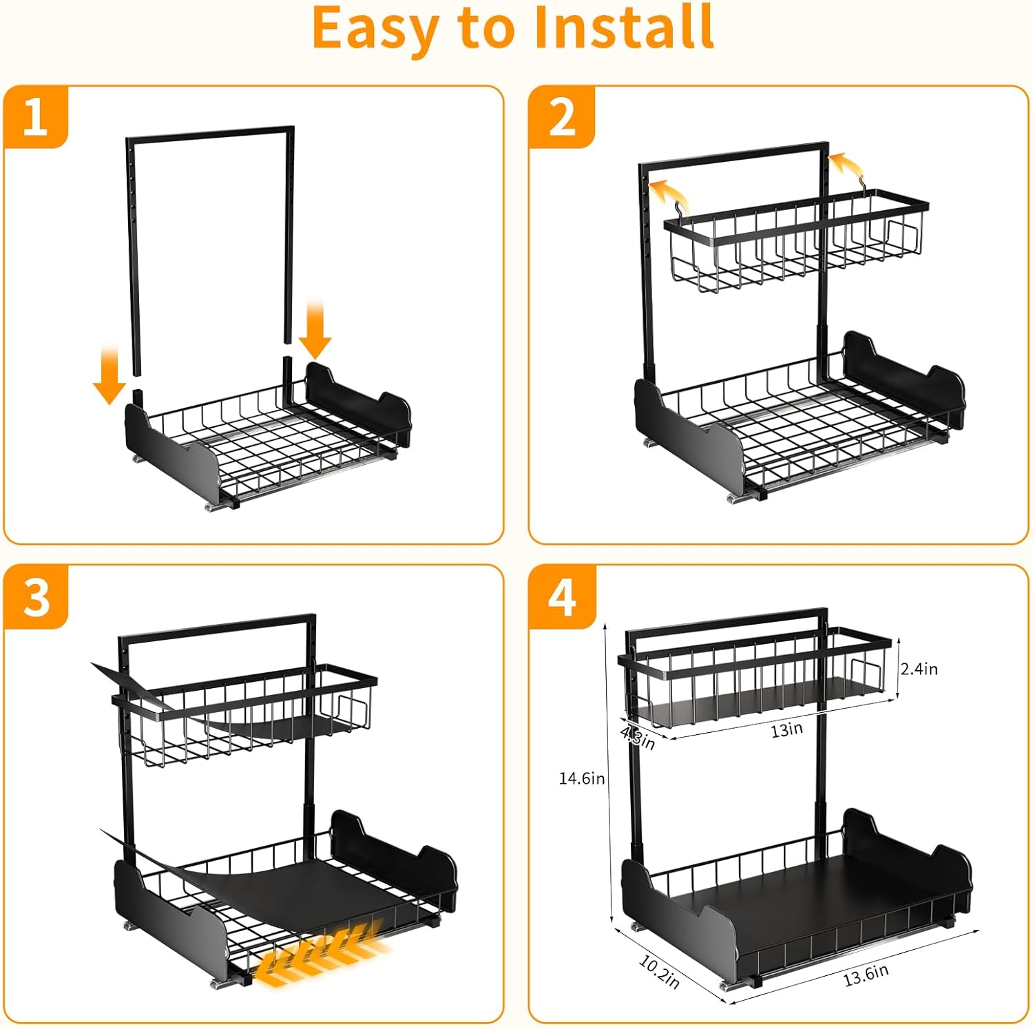Under Sink Organizer, 2-Tier L-Shaped Pull Out Cabinet Shelf with 2 Installation Methods, Adjustable Sliding Storage Drawer for Kitchen, Bathroom, Laundry, Metal, Black - Image 6