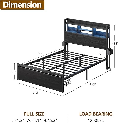 Miniatura 2 de Furnulem Base de cama de tamaño matrimonial con cabecera de madera, plataforma de metal, tamaño matrimonial con 2 cajones de almacenamiento y