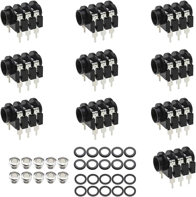 10Pcs 6.35mm 1/4Inch Female Mono Stereo Headphone Audio Jack Socket Panel Mount 6-Pin Connectors with Mounting Nuts Washers Black