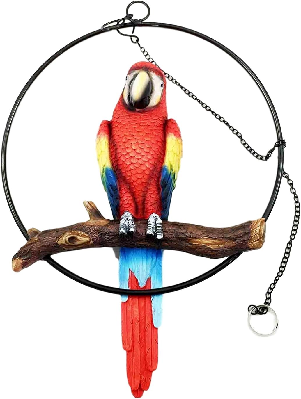 Ebros Patio Home Garden Hanging Scarlet Macaw Parrot Perching on Branch in Metal Round Ring Figurine Sculpture Nature Lovers Tropical Bird Collectors Decor 13.5" H