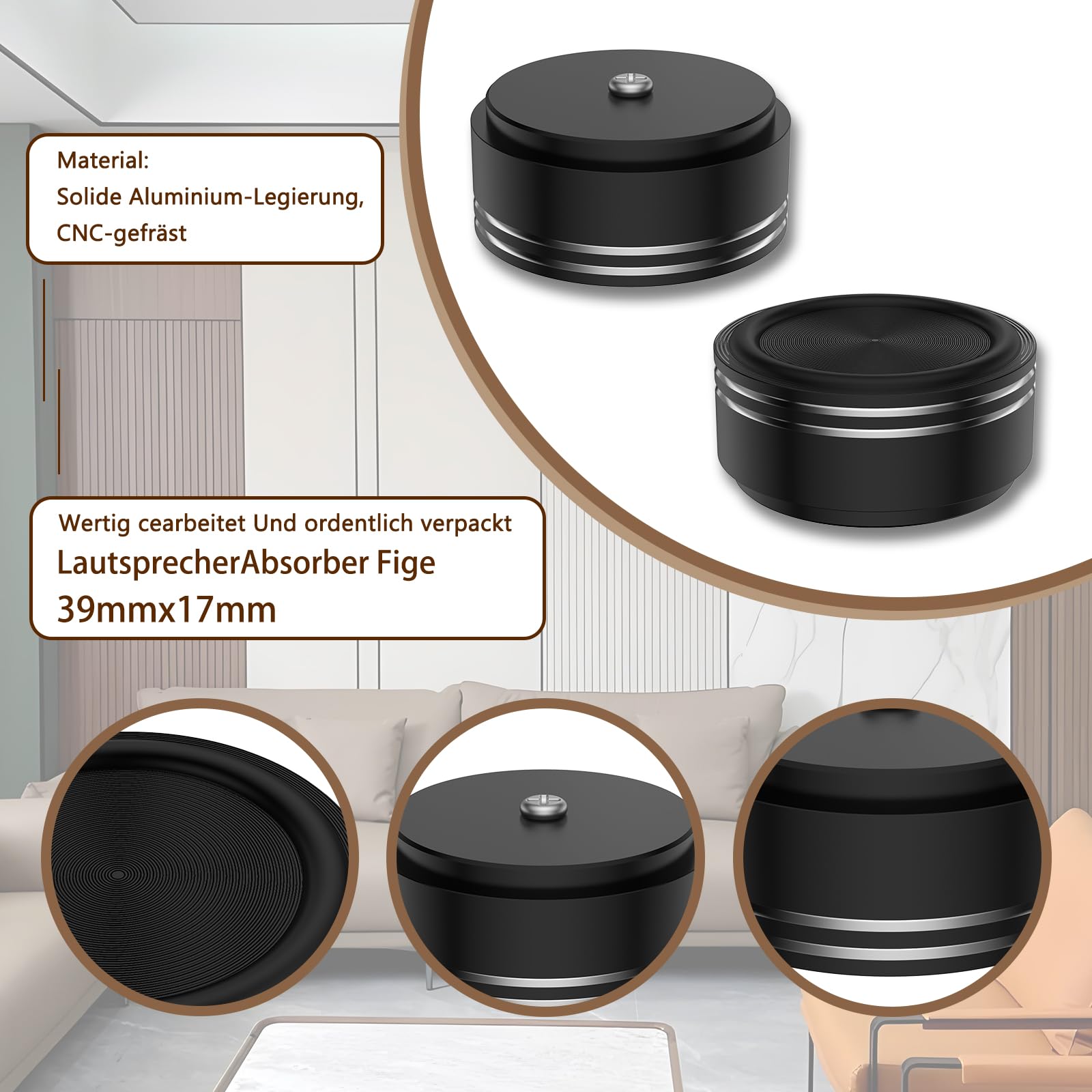 Tertullus 4 aluminiowe nóżki do urządzeń HiFi 39 mm × 17 mm czarne śruby głośnik, absorber subwoofer, nóżki z 4 śrubami do urządzeń Hi-Fi