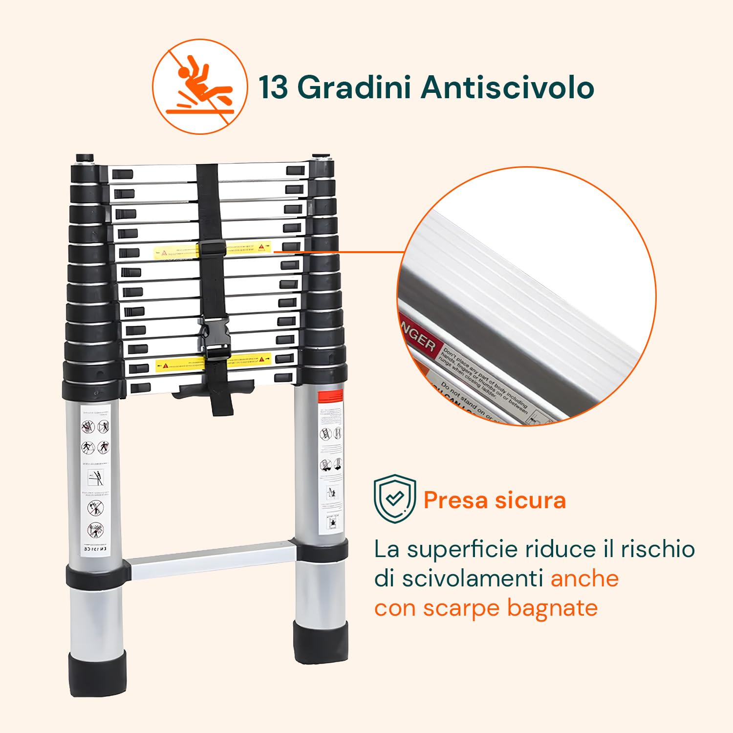 Avilia - Escalera telescópica de Acero Inoxidable 3,8 m 13 peldaños Escalera Plegable para casa y Trabajo Escalera Extensible Ahorra Espacio con Bloqueo de Seguridad