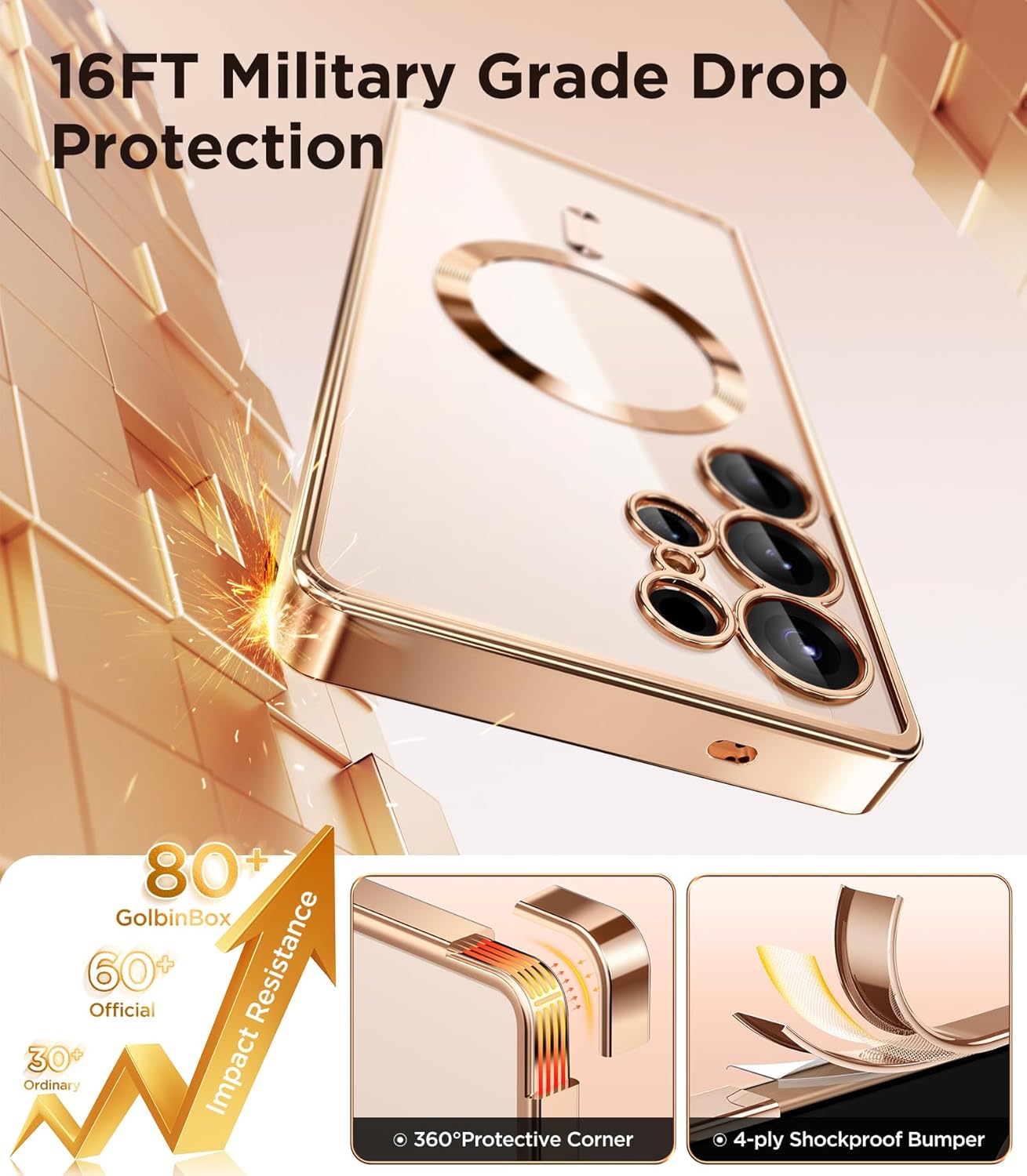 Magnetic Case Compatible with Samsung Galaxy S25 Ultra,Compatible with MagSafe,[Full Camera Protection][Screen Protector] Shockproof Plating Clear Phone Cover for Galaxy S25 Ultra(Rose Gold/Clear)