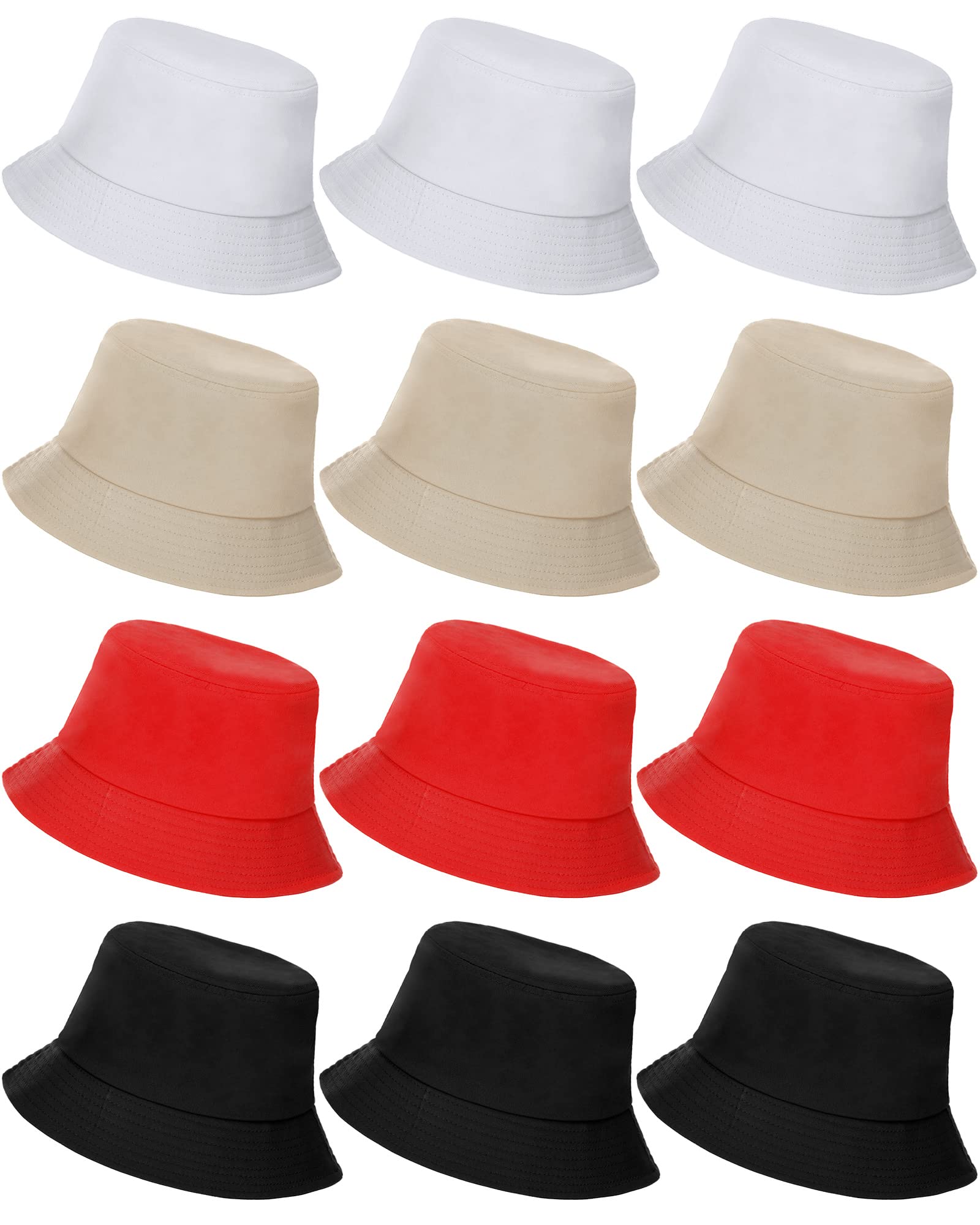 Vabean 12 Pcs Fishing Bucket Hat Solid Color Cotton Bucket Cap Unisex Summer Hats for Men Women Fishmen Sun Hat for Summer (Black, White, Beige, Red,Medium)