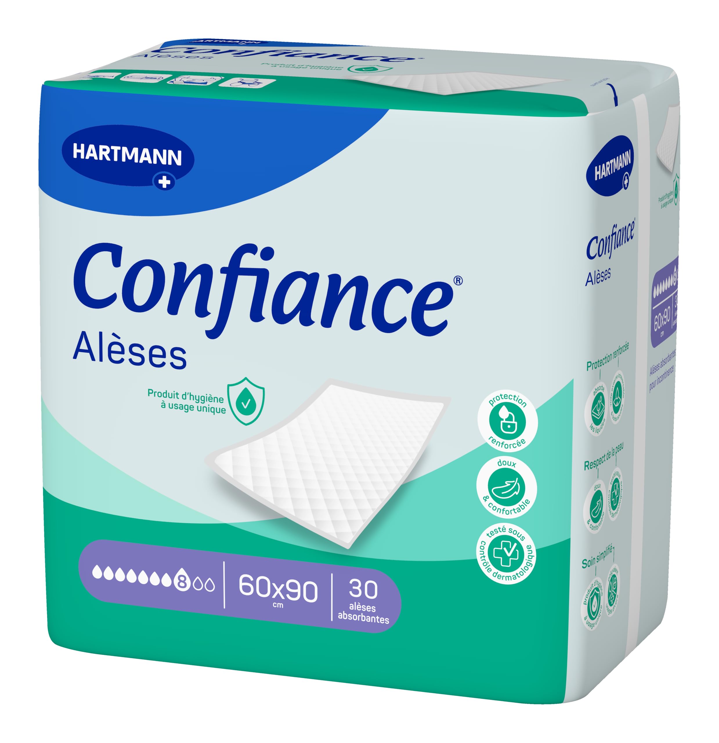 Confiance® Alèse - Alèses pour la protection de la Literie ou du Fauteuil - Niveau d'Absorption = 8 gouttes - Dimensions = 60 x 90 cm - 30 unités, Packaging May Vary - 2