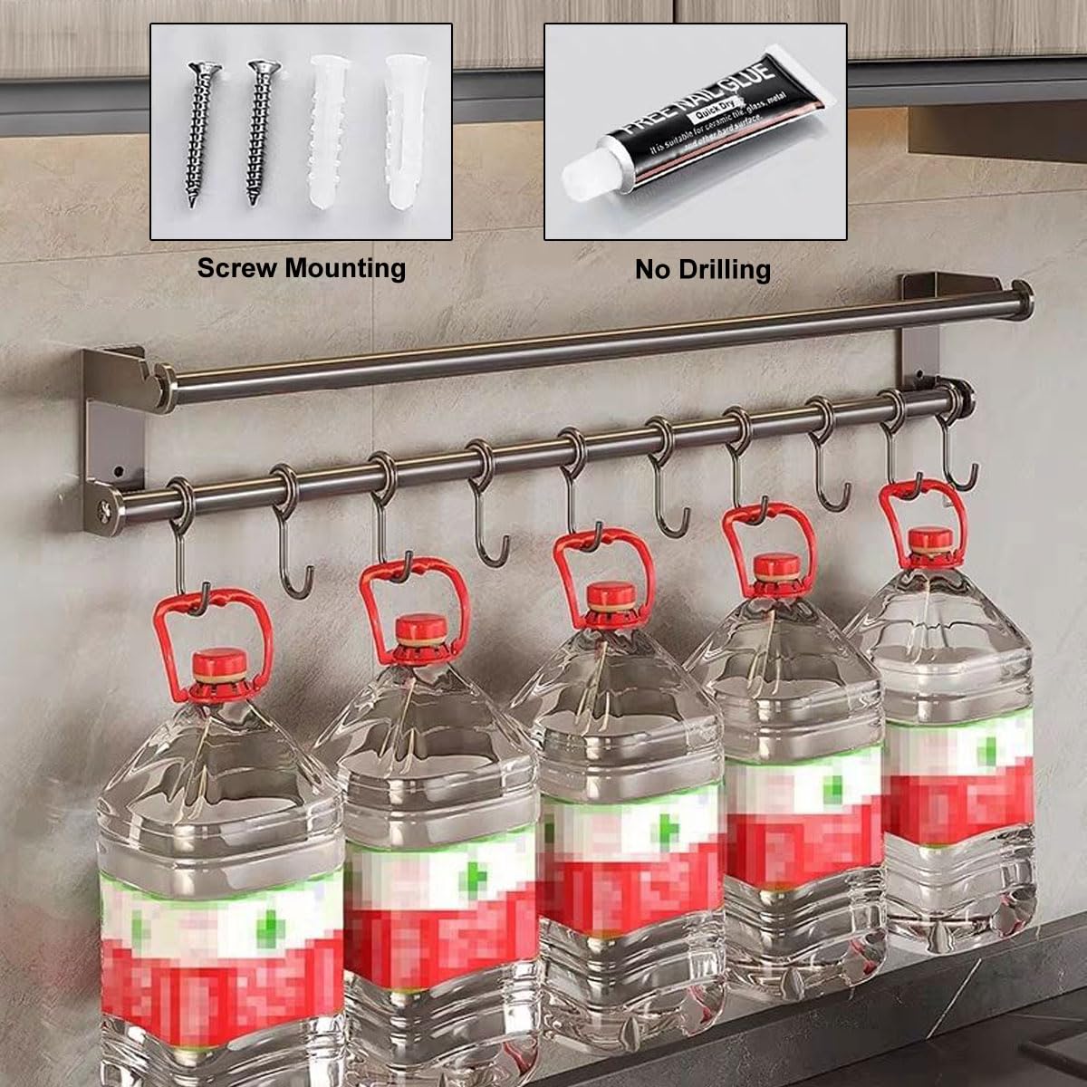 Barra Portautensili Cucina, Porta Utensili da Cucina Parete con 10 Gancio, 60CM Appendi Mestoli da Cucina Adesivo con Portarotolo, senza Foratura, Grigio