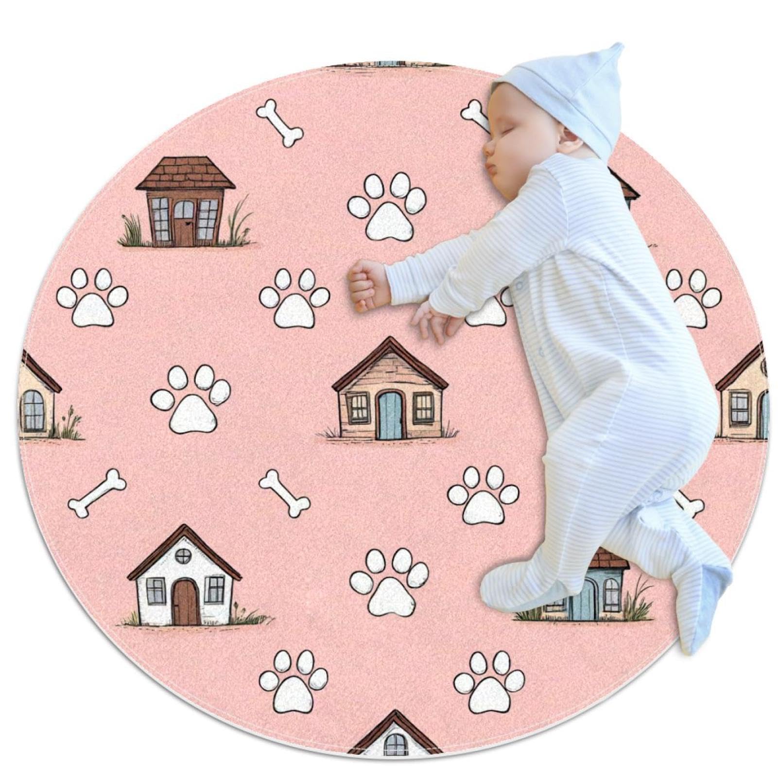 Tapis de salle de bain antidérapant ultra absorbant motif pattes de chien blanc diamètre 1m
